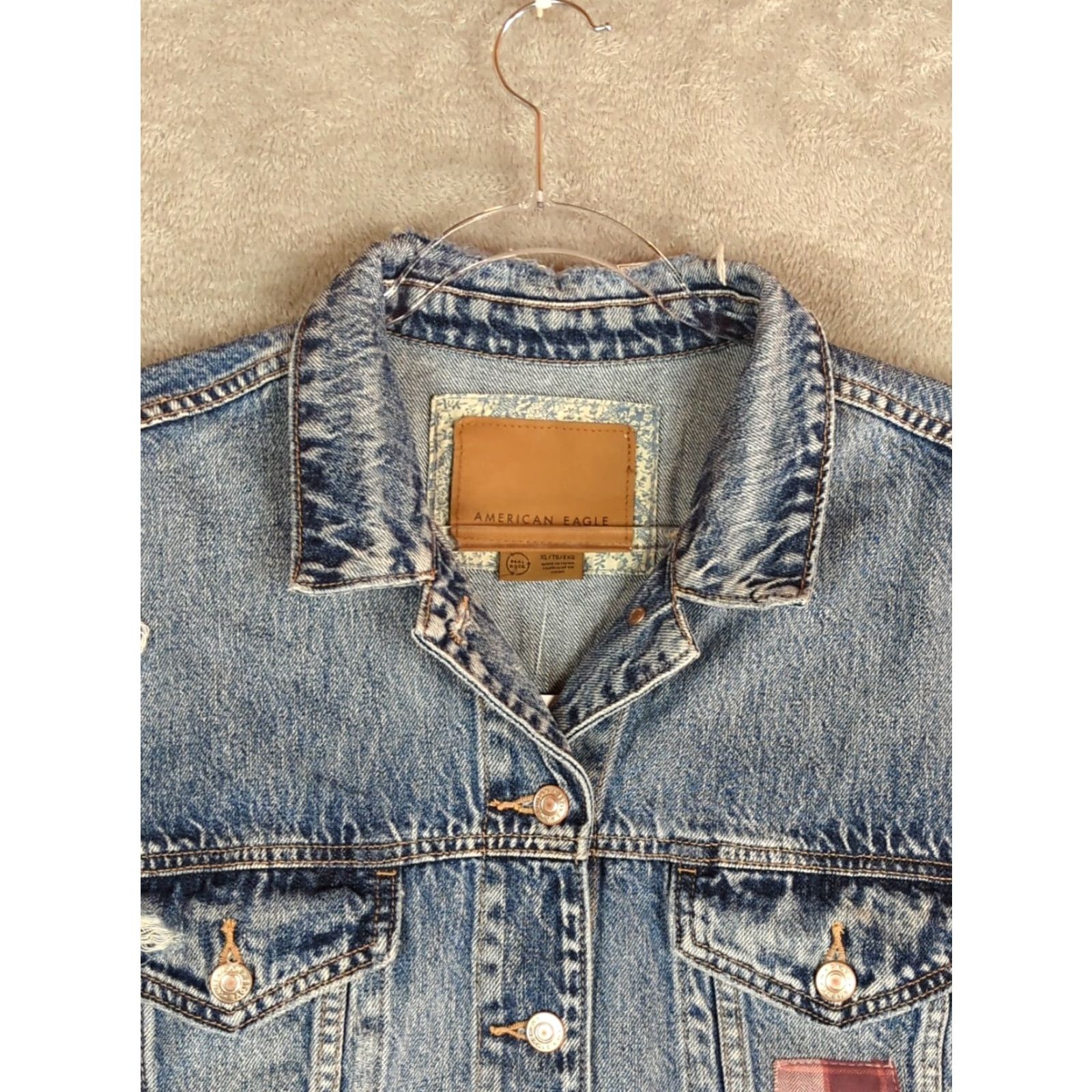 American Eagle Outfitters VINTAGE American Eagle Boyfriend Jean Jacket XL Blue Patchwork Distressed Oversized Size 40" / US 18 - 7 Thumbnail