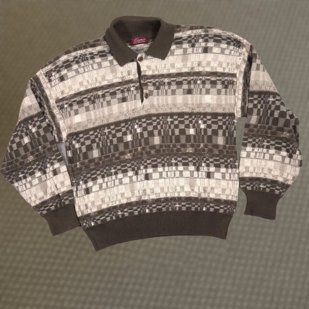 Vintage Cooper Mens Medium Green Geometric Polo Collar Henley Knit Pullover Sweater Size US M / EU 48-50 / 2 - 1 Thumbnail