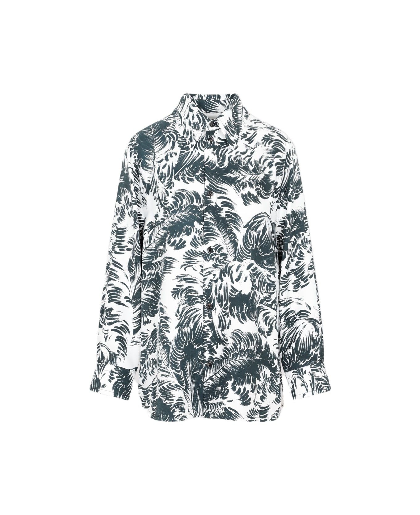 Bottega Veneta o1n1vont0325 Printed Silk Feathers Shirt in Chalk/Inkwell Size S / US 4 / IT 40 - 1 Thumbnail