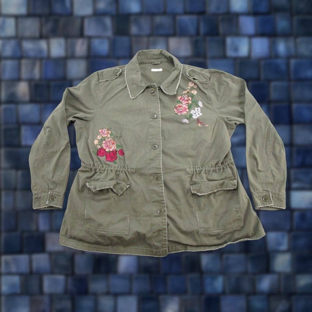 Vintage Maurices Womens Olive Green Cotton Embroidered Floral Button Up Jacket 1X Slim? Size XL / US 12-14 / IT 48-50 - 1 Thumbnail