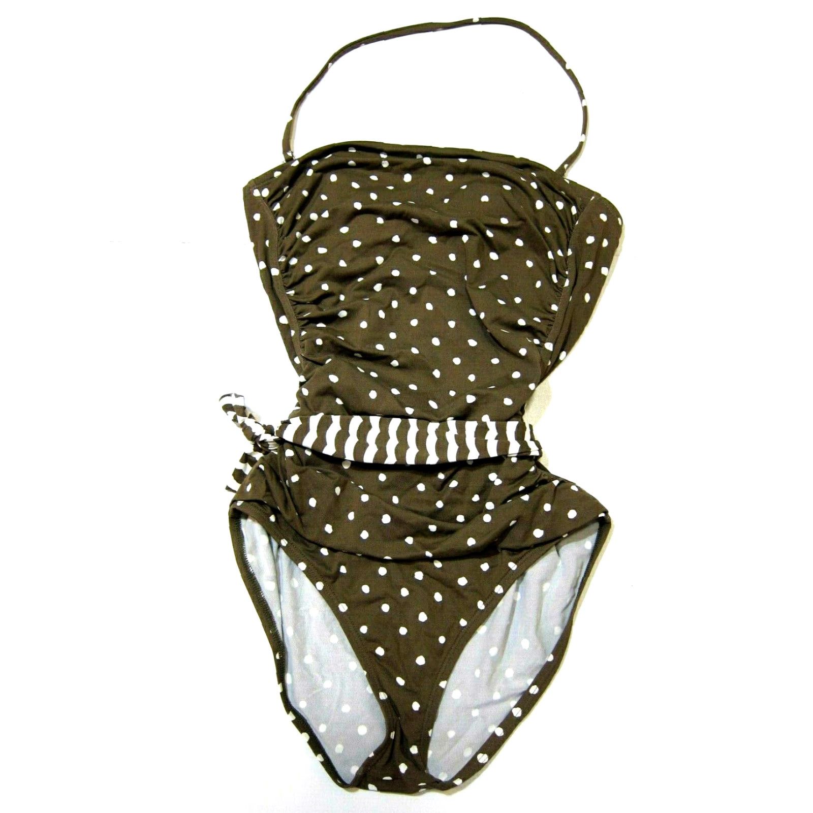 Tommy Bahama VINTAGE Tommy Bahama One Piece Swimsuit Halter Brown White Polka Dot Padded, 8 Women Size ONE SIZE - 4 Thumbnail