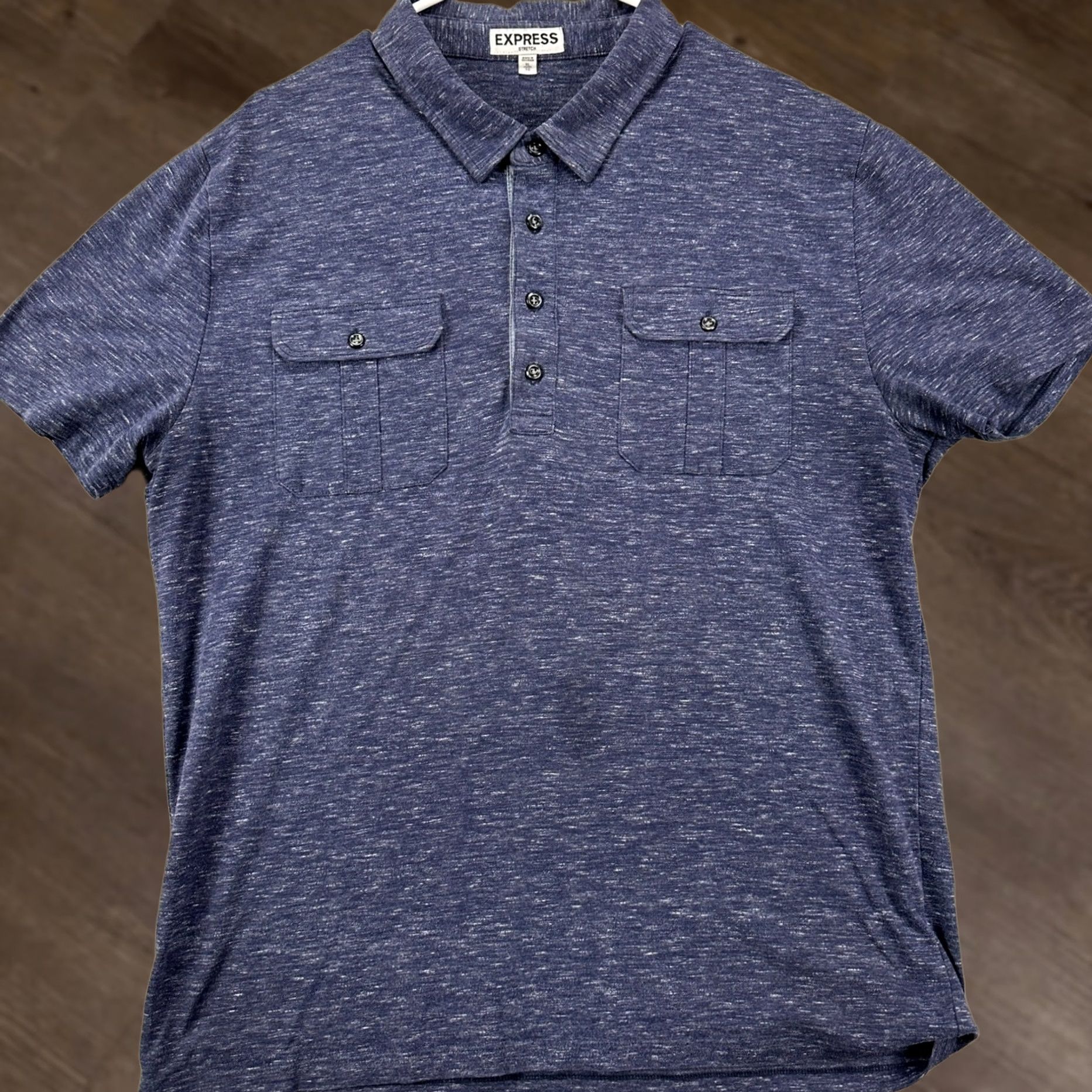 Express Express Polo Shirt XL Navy Salt Pepper Short Sleeve Rugby Mens Size US XL / EU 56 / 4 - 1 Thumbnail