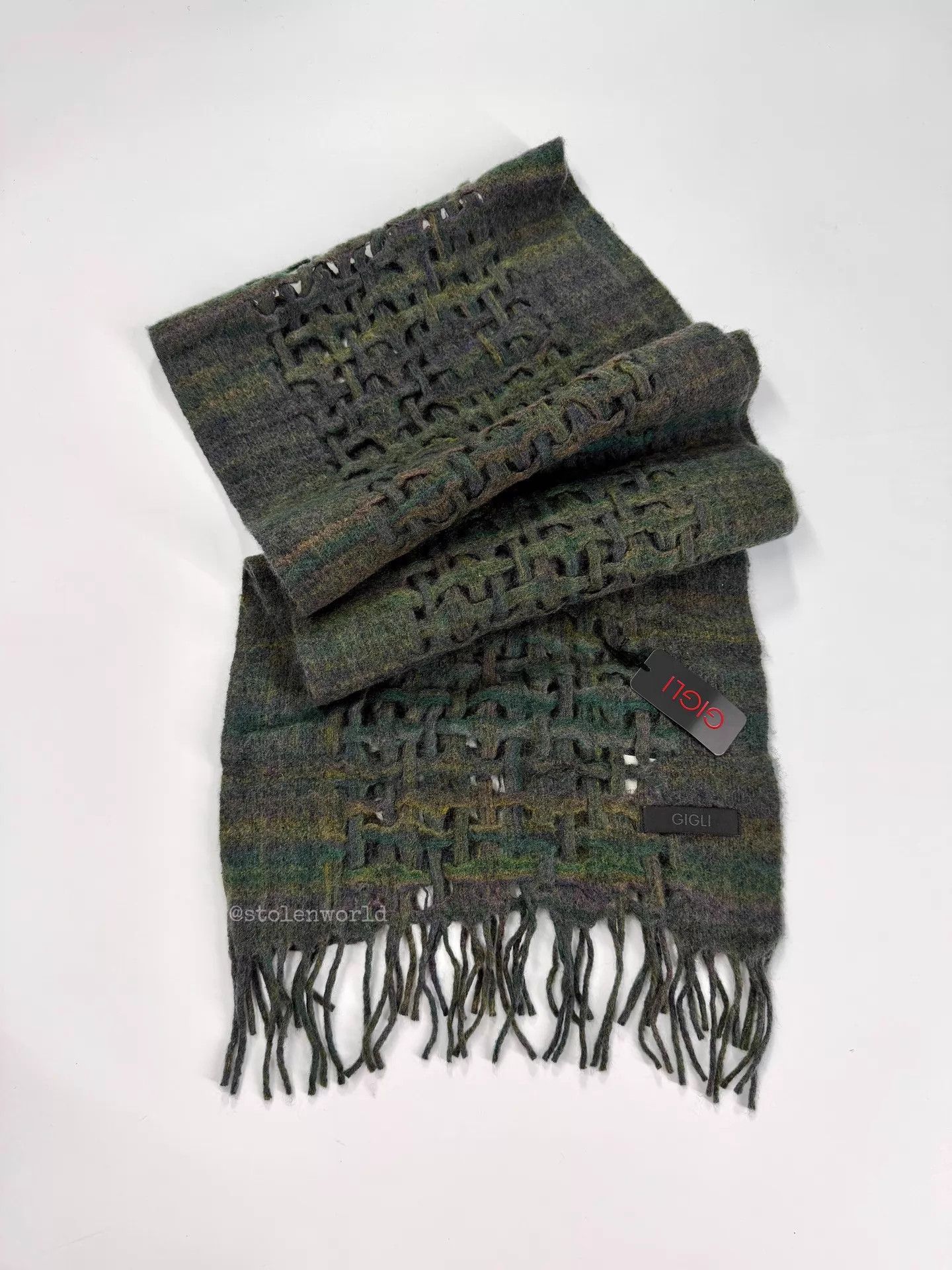 Romeo Gigli Romeo Gigli Moss Green Open Knit Tassel Wool Scarf Size ONE SIZE - 1 Thumbnail