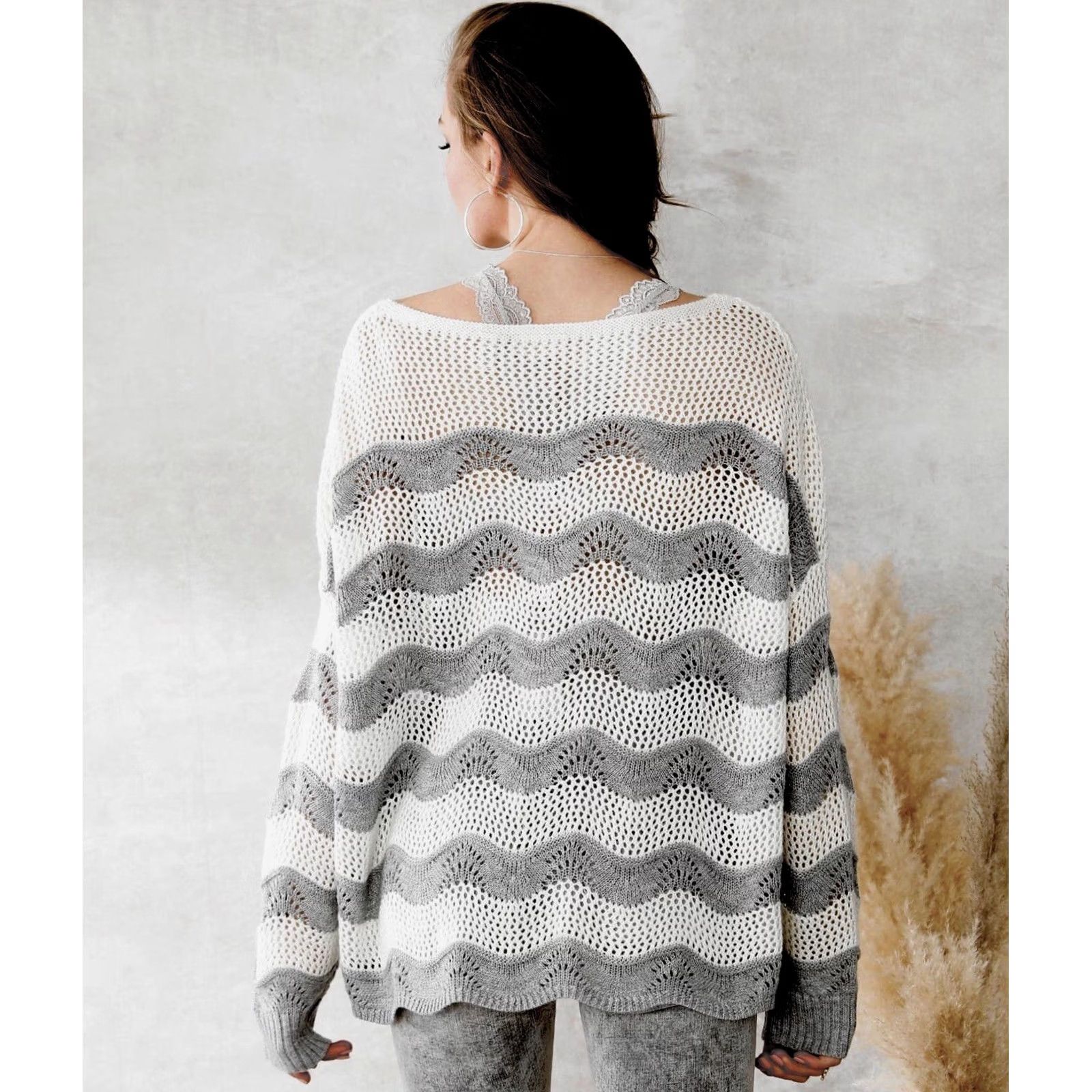 Vintage Buckle Willow & Root Women Gray/White Wavy Striped Open Weave Knit Sweater S Size S / US 4 / IT 40 - 4 Thumbnail