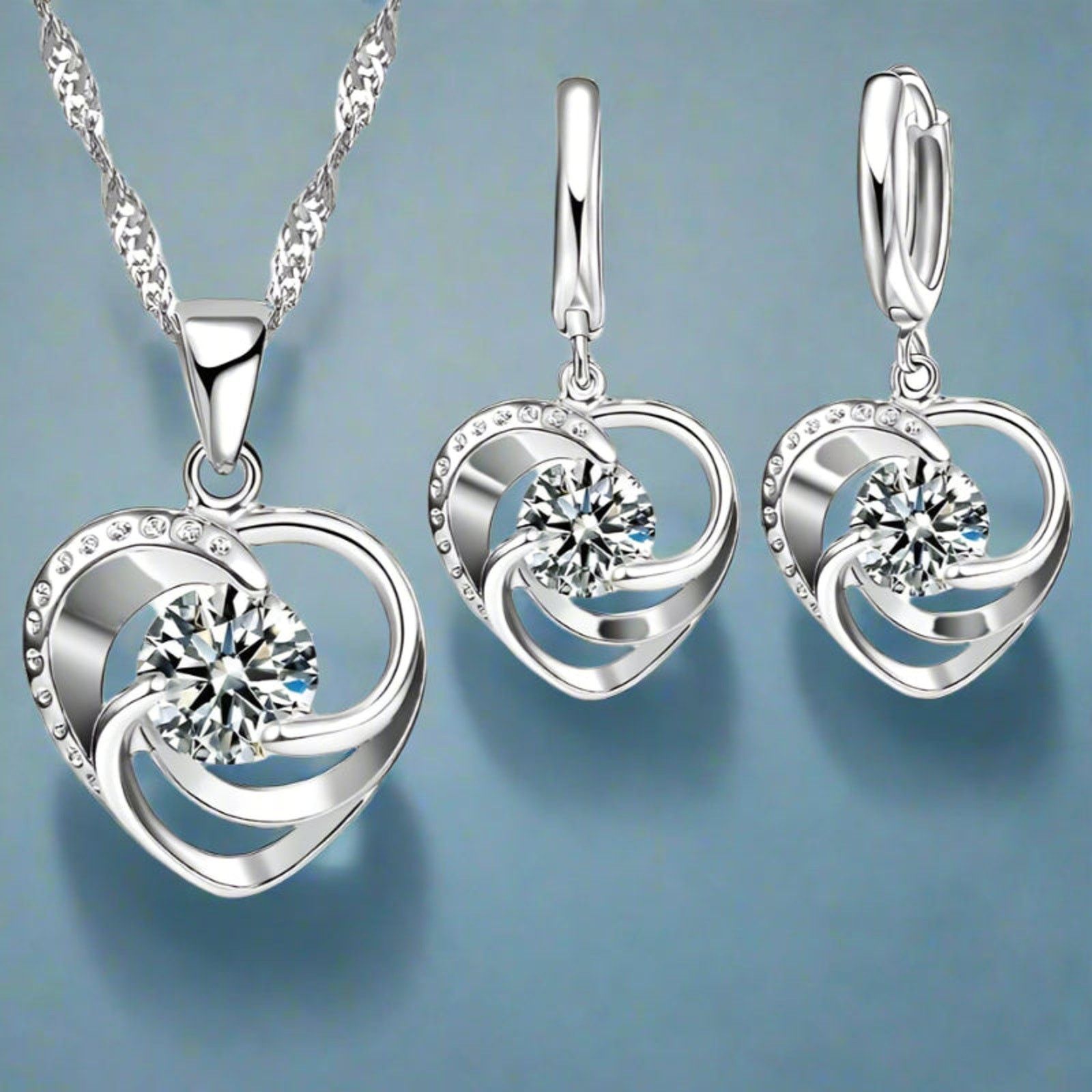 Other 925 Sterling Silver Heart Necklace & Earrings Set Size ONE SIZE - 1 Thumbnail