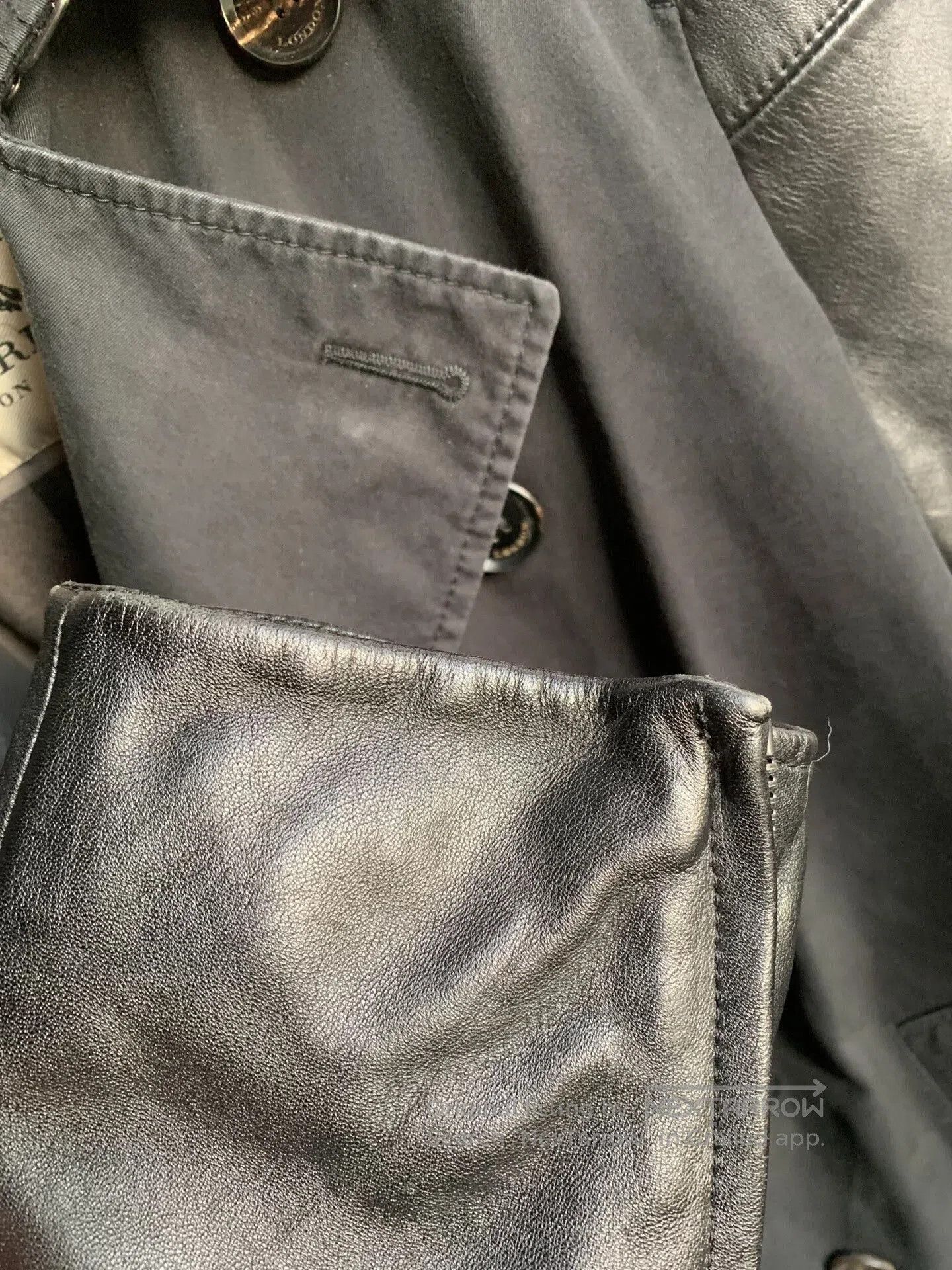 Burberry Black Leather Patch Trench Coat.