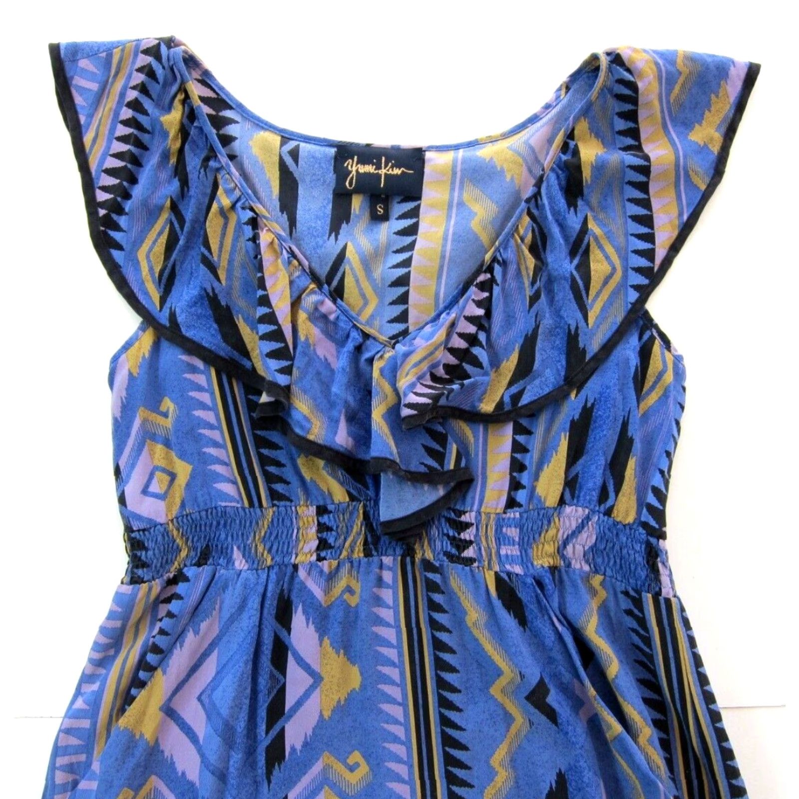 Vintage Yumi Kim 100% Silk Yellow Aztec Cap Sleeve Pocket Sheath Dress Small Size S / US 4 / IT 40 - 3 Thumbnail