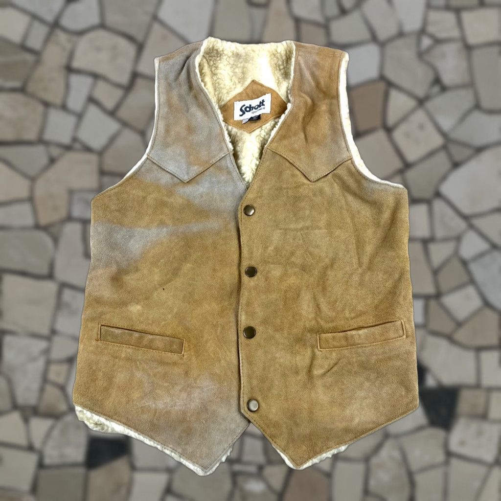 Schott VINTAGE Schott Vest Mens Small Brown Leather Sherpa Lined 80s Western Biker Size US S / EU 44-46 / 1 - 1 Thumbnail