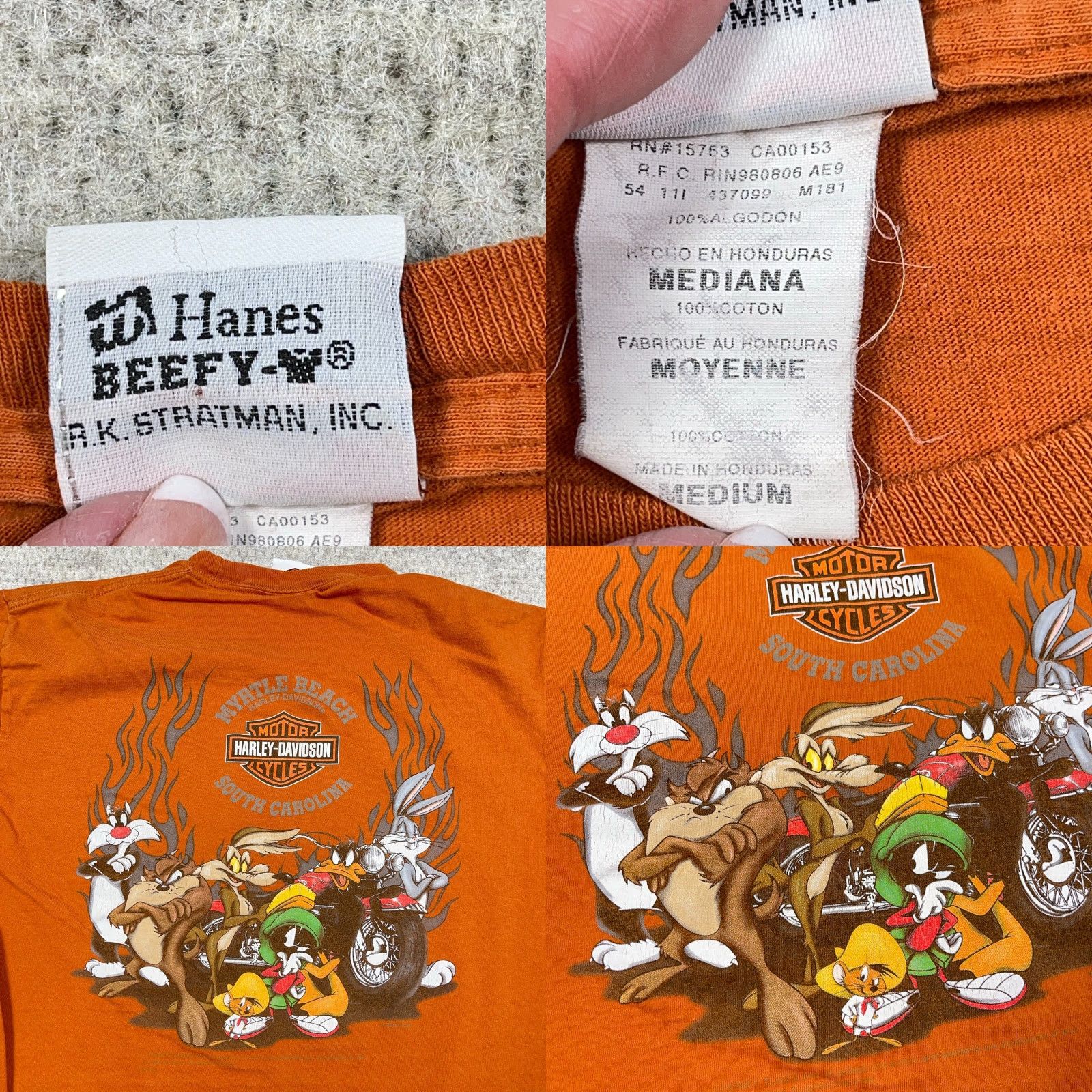 Harley Davidson Harley-Davidson Shirt Men Medium Orange Looney Tunes Vintage Iron Coyote Flames Graphic Print Short Sleeve Crew Neck T-Shirt Size US M / EU 48-50 / 2 - 8 Thumbnail