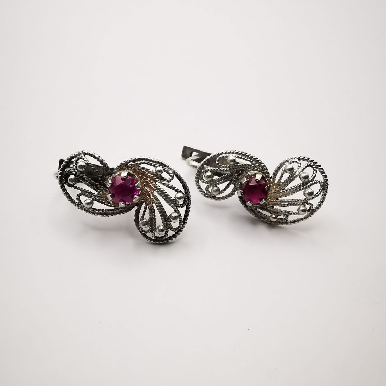 Sterling Silver × Vintage Vintage, Earrings "Ruby Stars" Silver Star 925, Ruby Size ONE SIZE - 1 Thumbnail