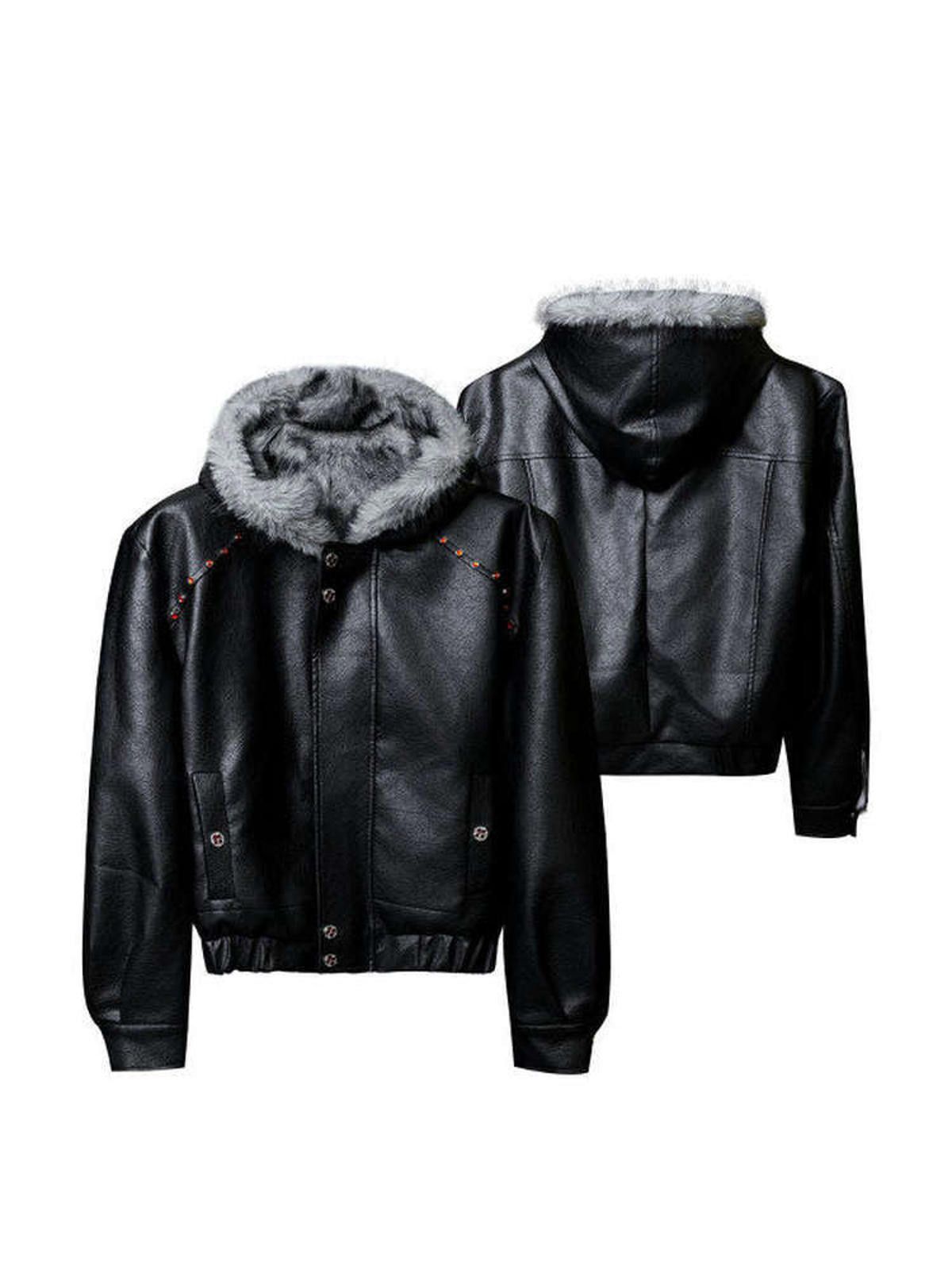 Vintage Black Faux Leather Hooded Jacket with Fur Trim Size US M / EU 48-50 / 2 - 4 Thumbnail