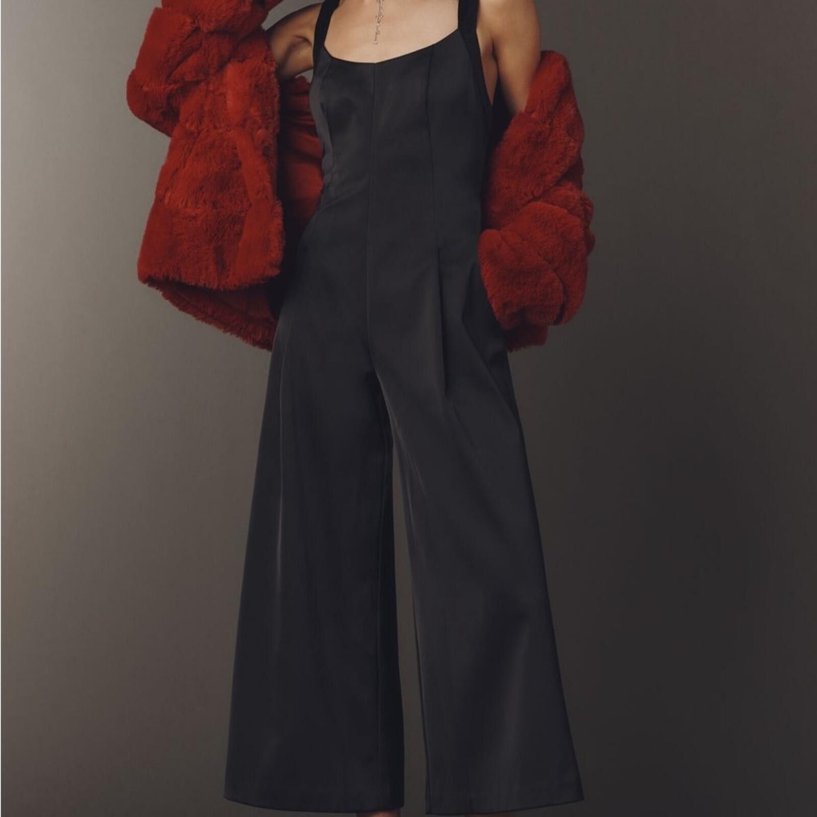 Other Anthropologie $198 Satin Wide-leg Black Jumpsuit, Size 10 T Size 32" / US 10 / IT 46 - 1 Thumbnail