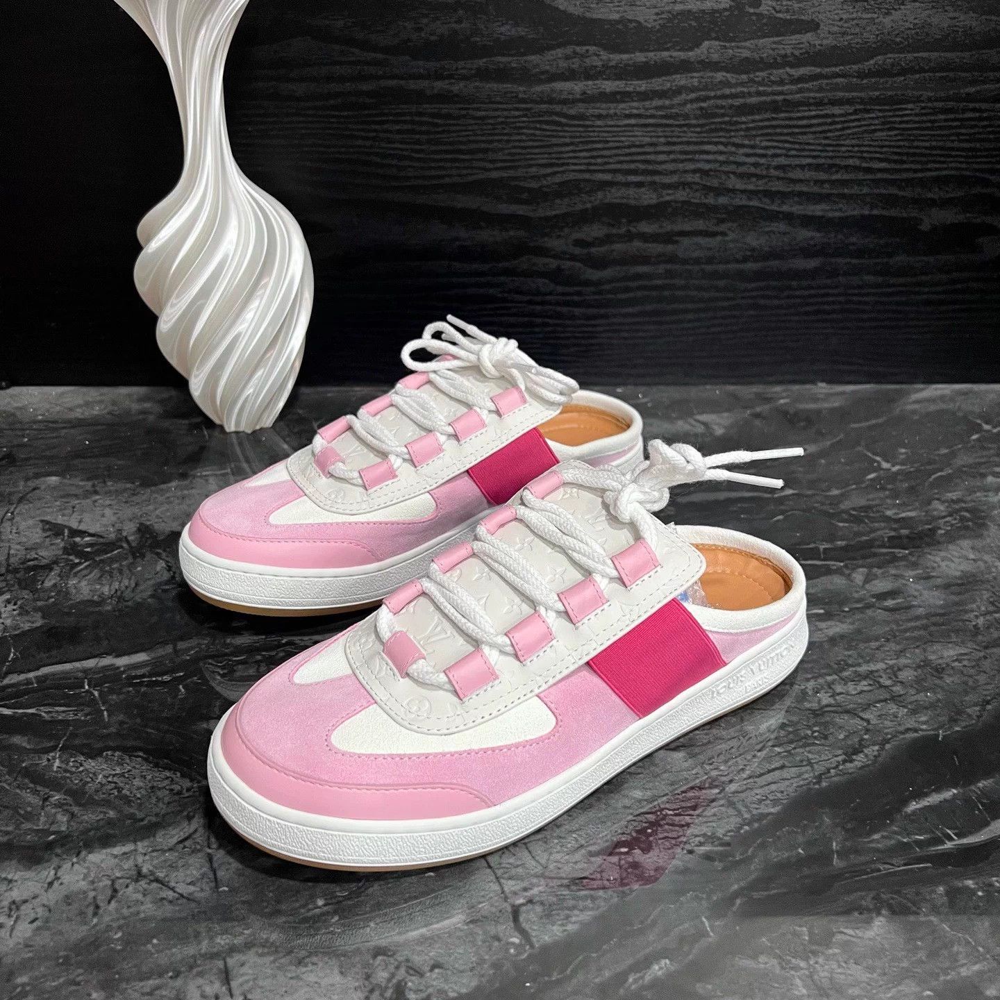 Louis Vuitton LV Pink/White 38 Embossed All Over Print Slip-On Shoes New Size US 7 / IT 37 - 1 Thumbnail