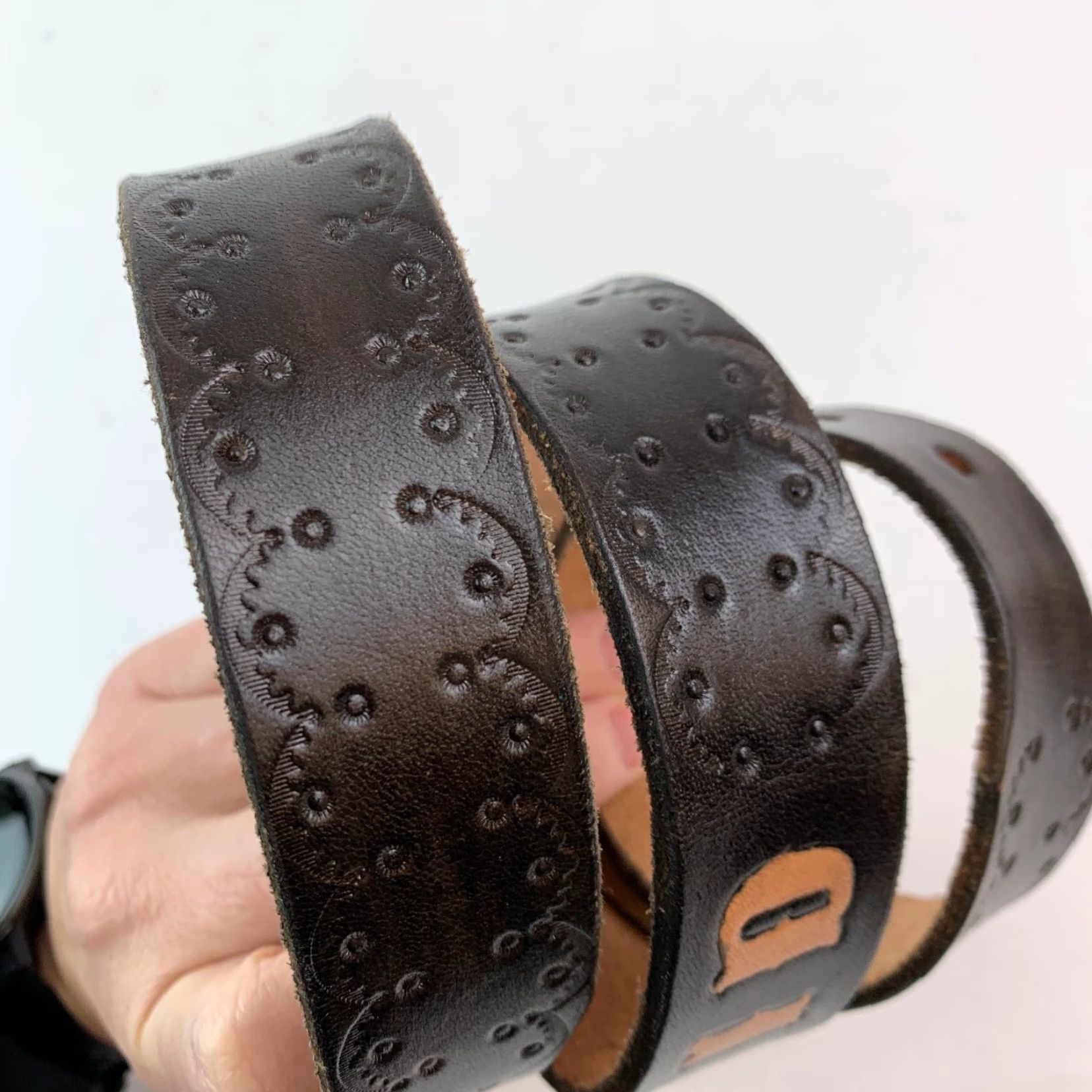 Vintage VINTAGE Leather Belt 34 Dark Brown Mens Size 34 Embossed DAVID Personalized 1.25" Size 34 - 4 Thumbnail