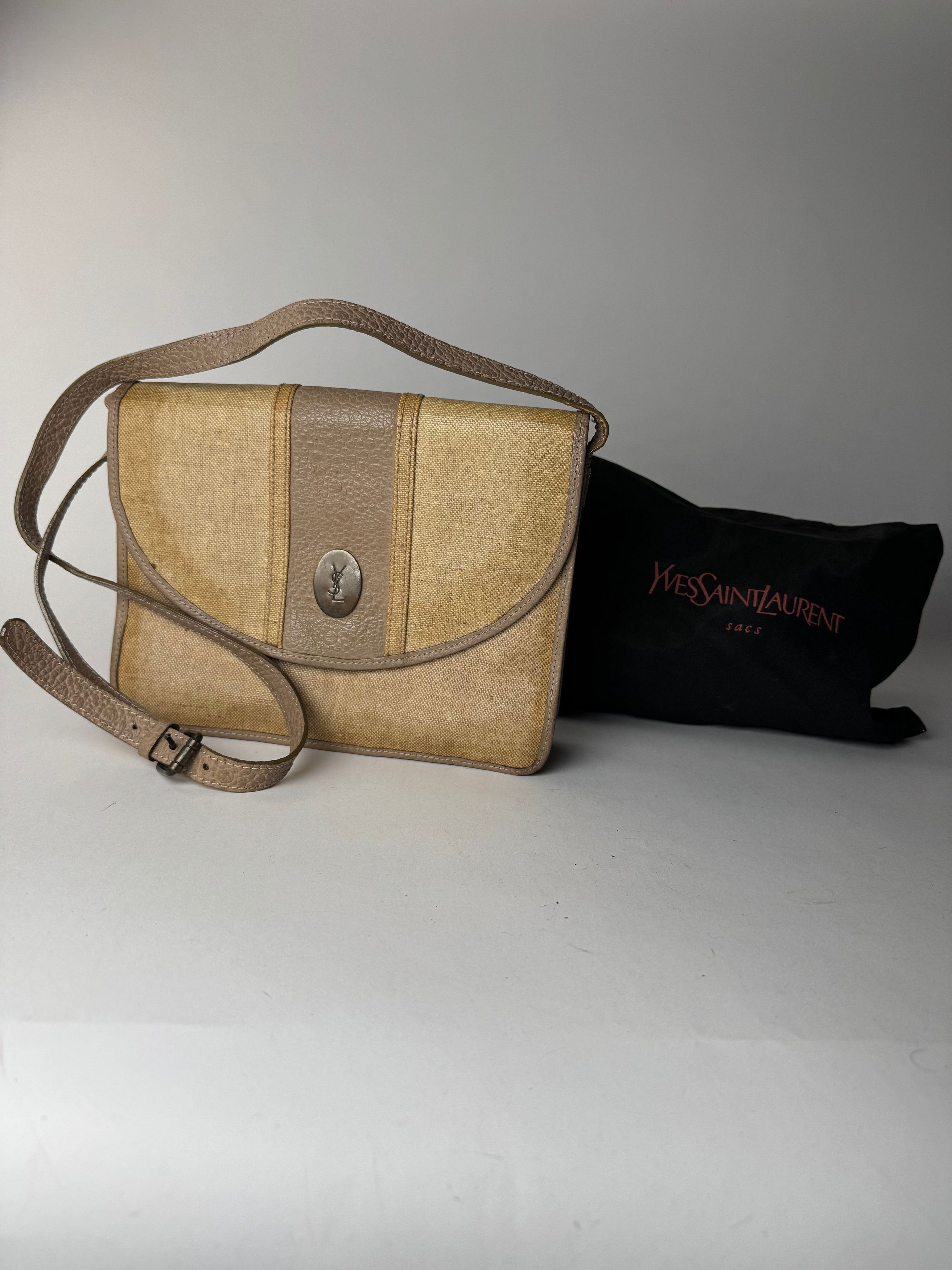 Vintage Yves Saint Laurent Leather canvas bag beige brown