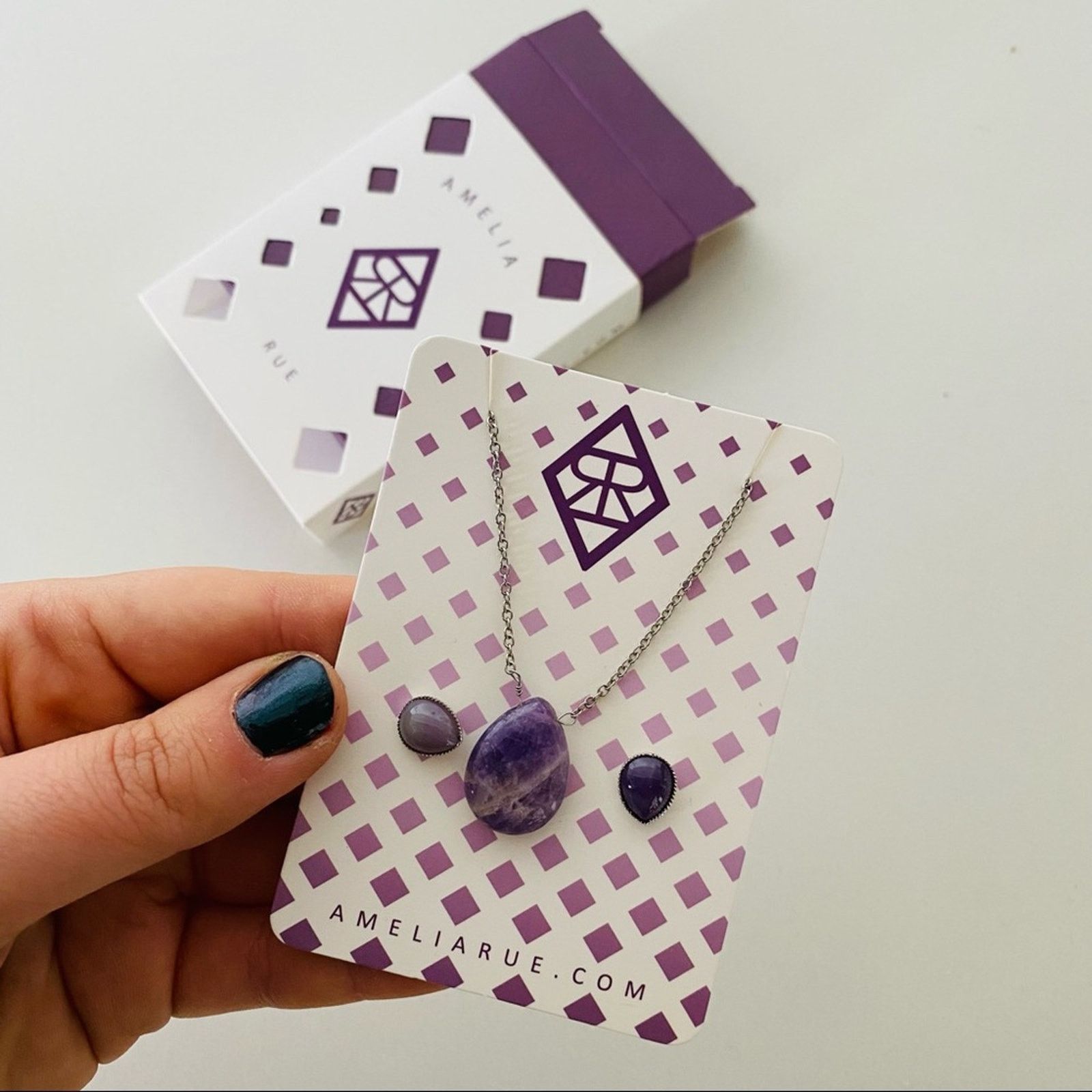 Anthropologie New Silver Amethyst Gemstone Stud Earrings Necklace Jewelry in Purple, Women's