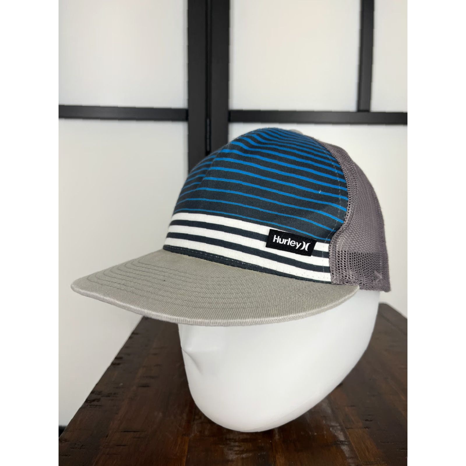 Hurley Hurley Hat Cap Slouch Trucker Adult One Size Blue Gray Stripe Nylon Polyester Adj Adjustable Mens Sports Beach Style 90s? Size ONE SIZE - 4 Thumbnail