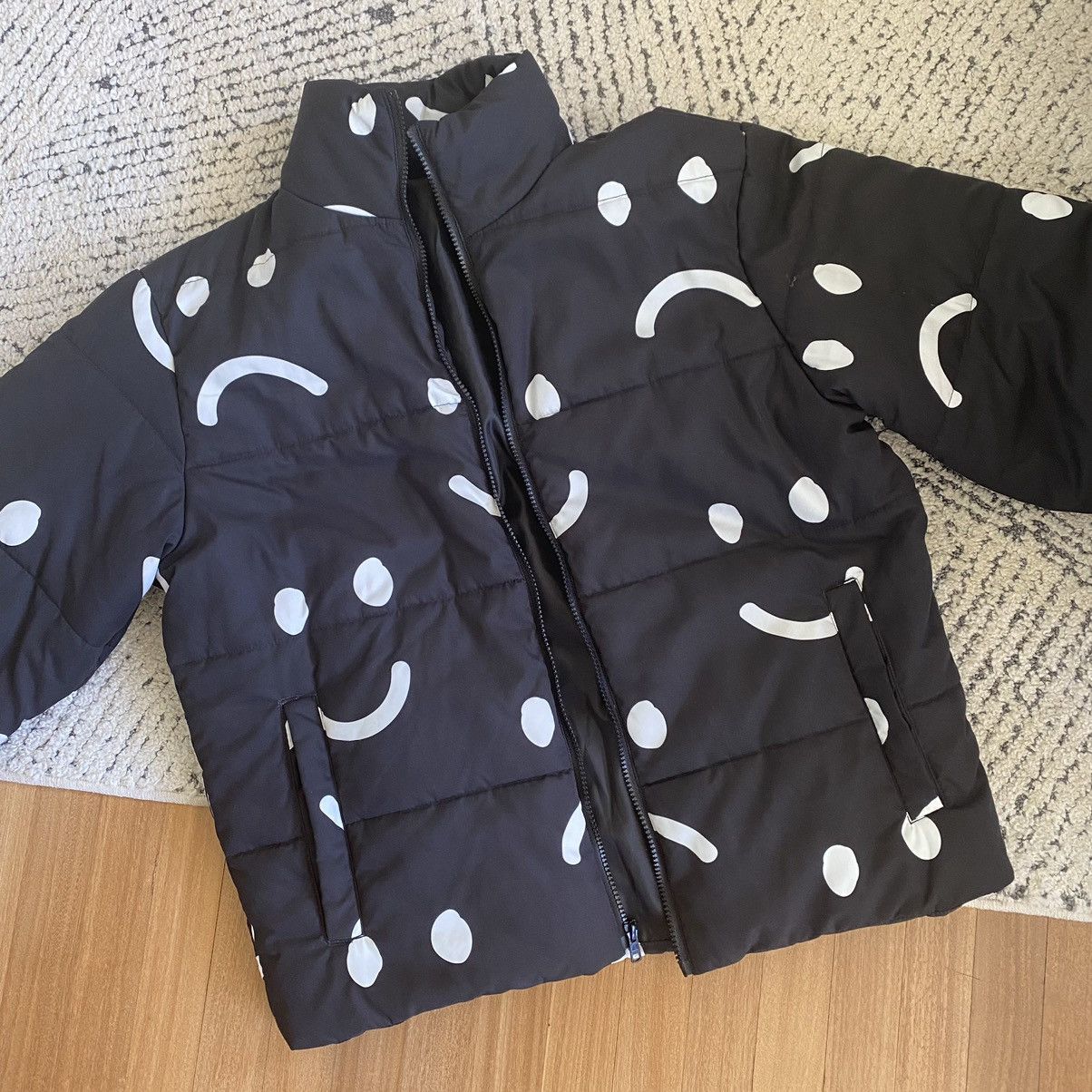 image of Lazy Oaf Happy Sad Short Unisex Puffer Jacket in Black, Women's (Size Small)