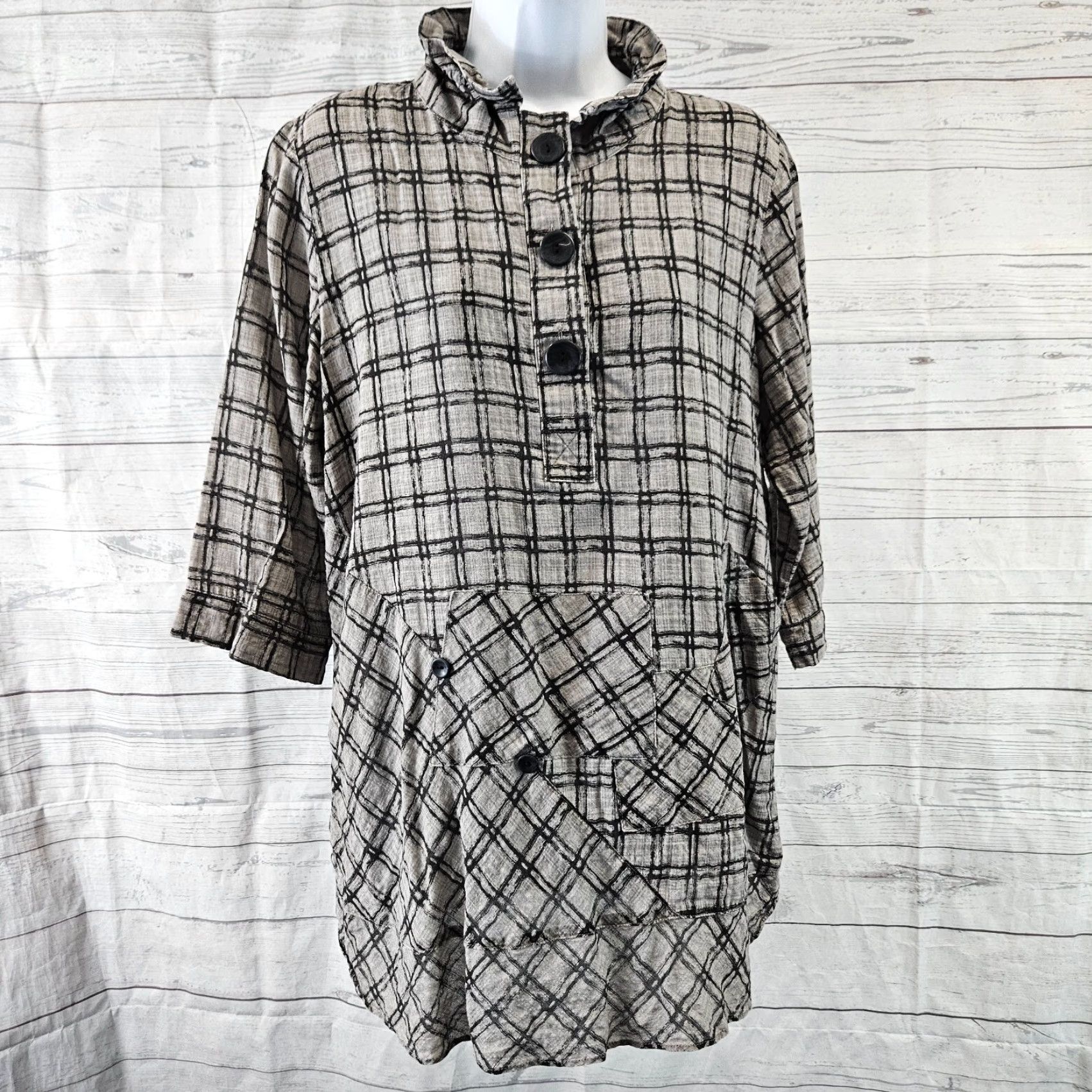 Vintage Terra SJ Apparel Womens Top Sz Medium Gray 3/4 Sleeve Collared Cotton Shirt Blouse Mens? Size M / US 6-8 / IT 42-44 - 2 Thumbnail