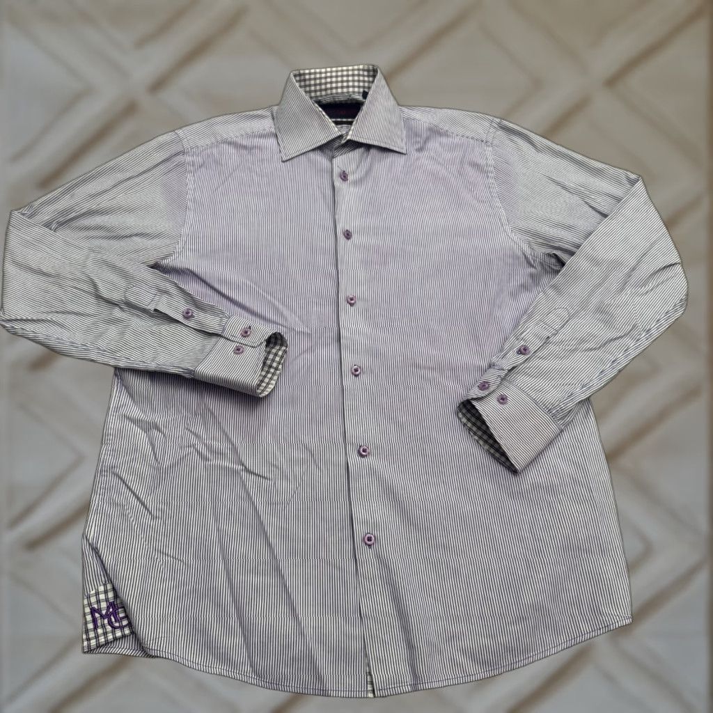 Vintage Martin Gordon Contemporary Fit Shirt Mens Large Purple Pinstriped Cotton-Poly Button-Up Long Sleeve 44in Chest Classic Preppy Mens Size US L / EU 52-54 / 3 - 1 Thumbnail