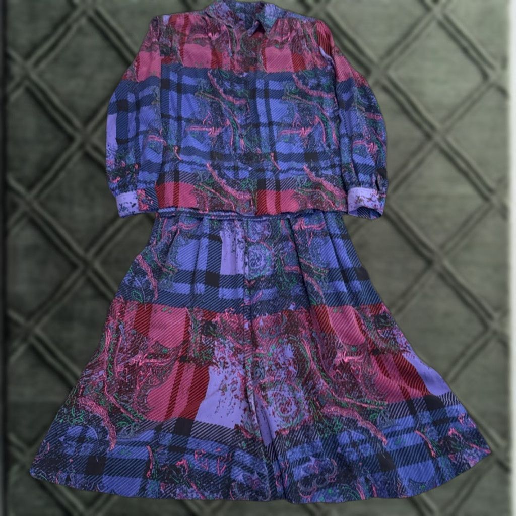 Vintage Vtg 60s Purple Pink Plaid Paisley Button Down Blouse Midi Skirt Homemade Set Size M / US 6-8 / IT 42-44 - 1 Thumbnail