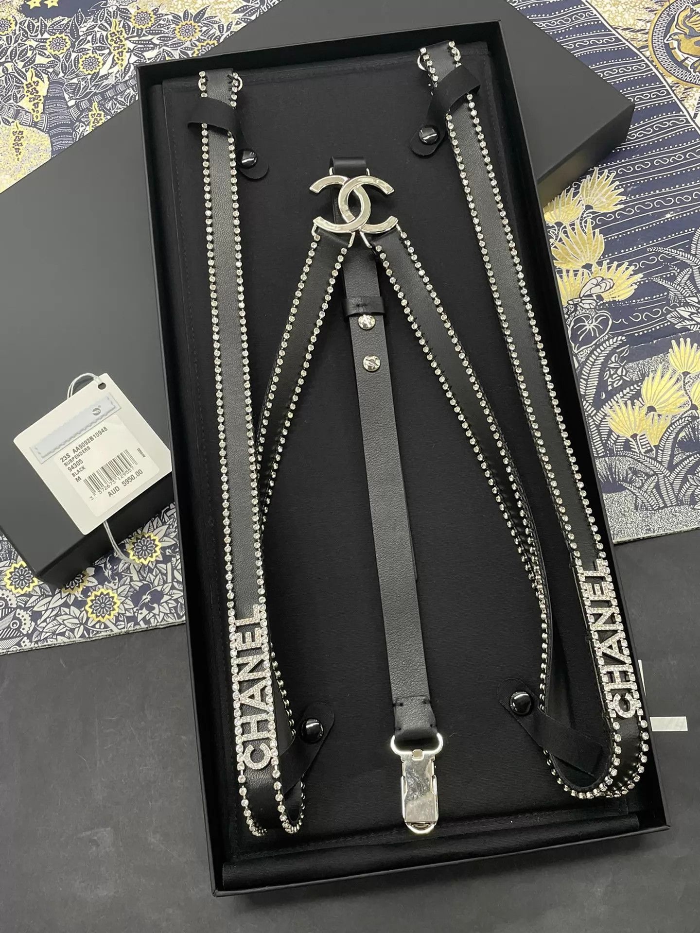 Chanel Chanel Black Crystal Logo Leather Suspenders Size ONE SIZE - 1 Thumbnail