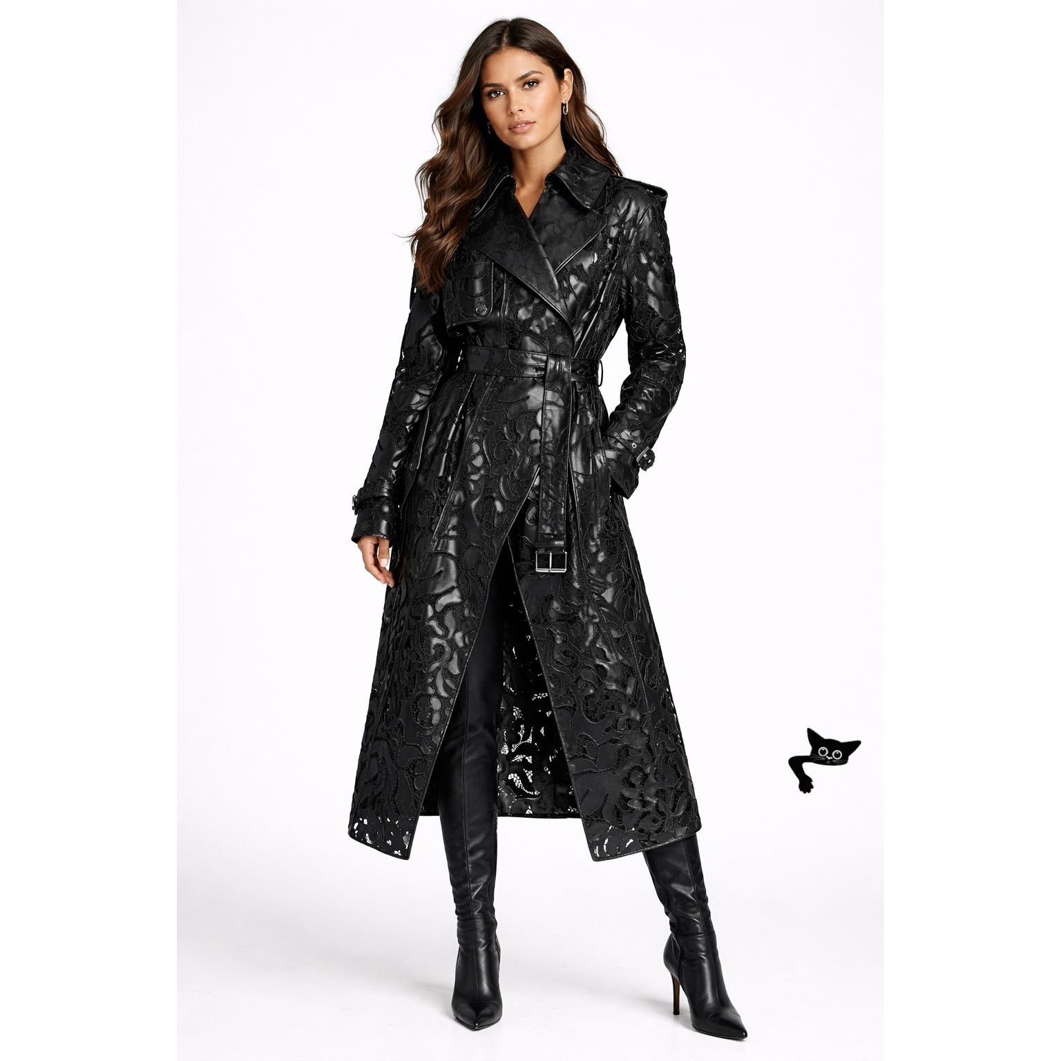 Alexander McQueen Black Leather Lace Belted Trench Coat 14