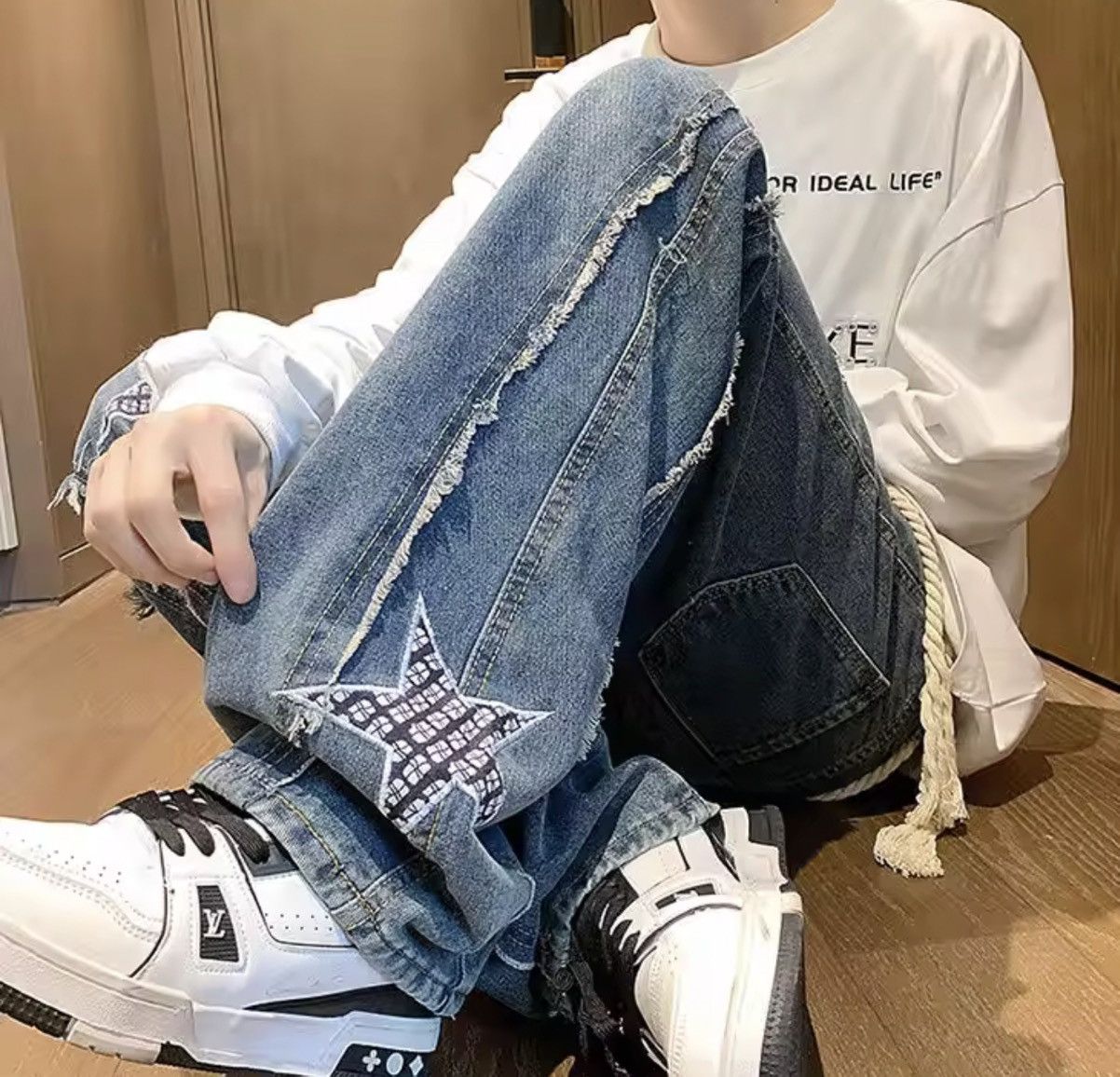Jean Distressed Star Patchwork Denim – Raw Edge Deconstructed Size US 34 / EU 50 - 9 Thumbnail