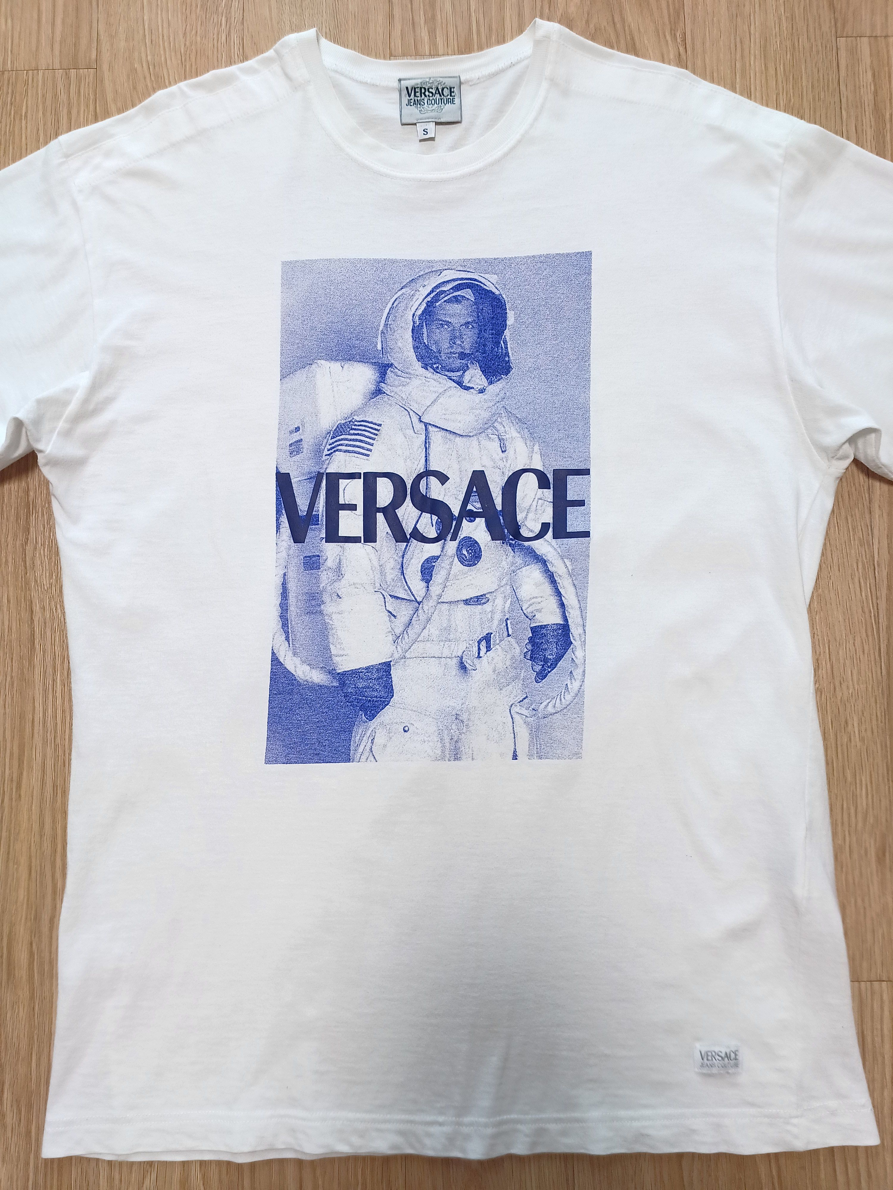 image of 90's Versace 1995 Bruce Weber Astronaut T Shirt in White, Men's (Size Small)