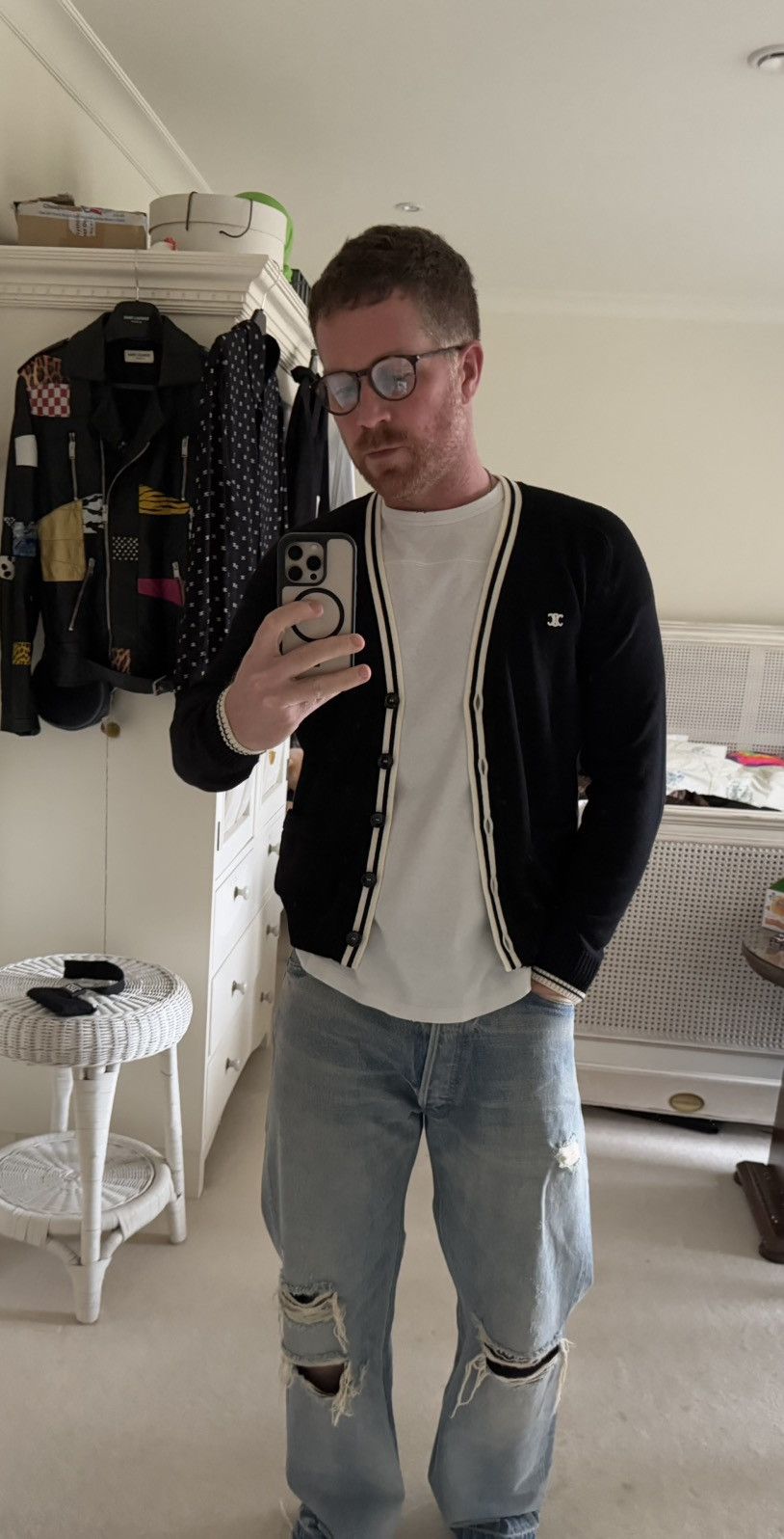 Rare Celine Triomphe logo cardigan black white M Hedi