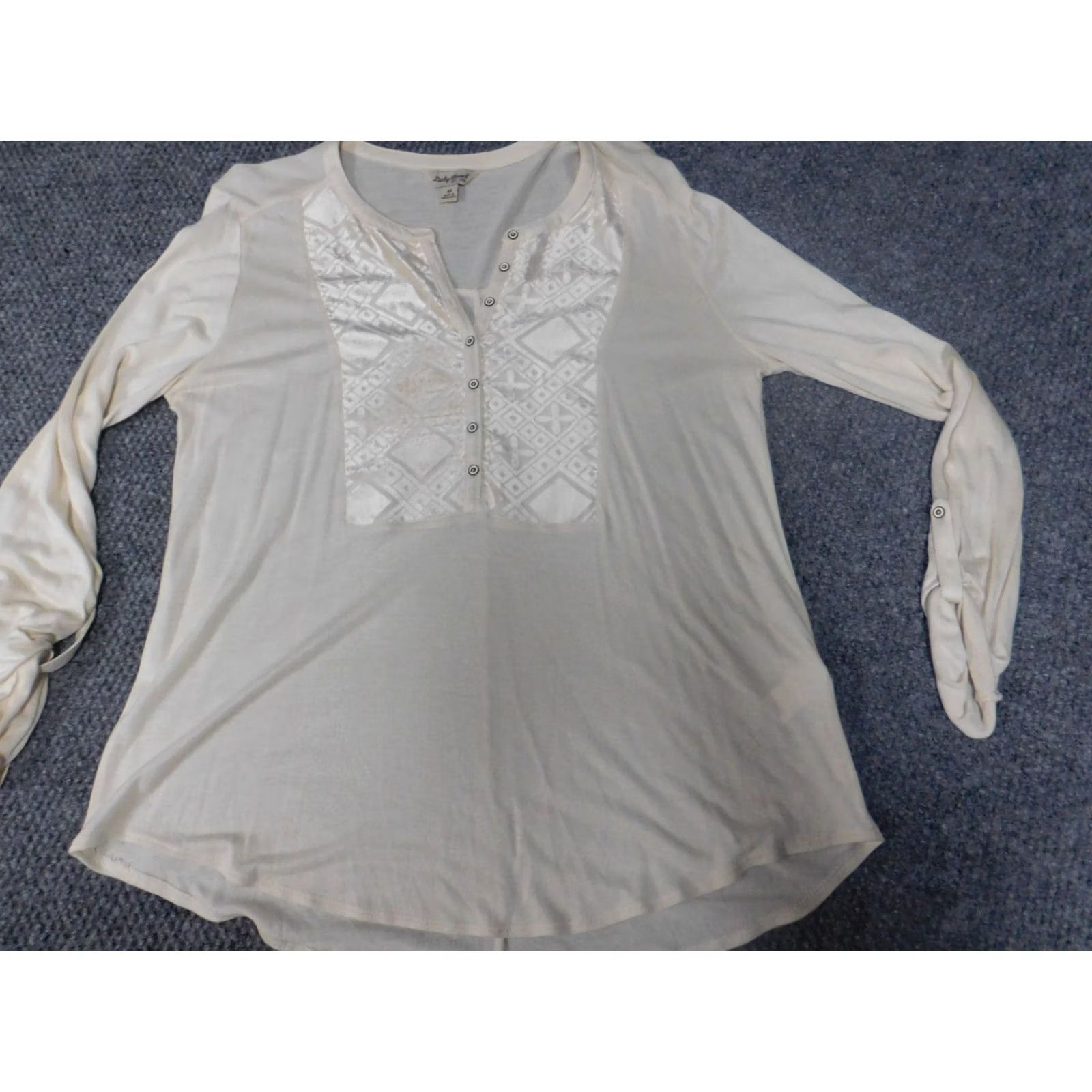 Lucky Brand Lucky Brand Blouse Womens M Beige Pullover Crew Neck Button Stretch Regular Classic Shirt UBan vintage: No Size M / US 6-8 / IT 42-44 - 3 Thumbnail