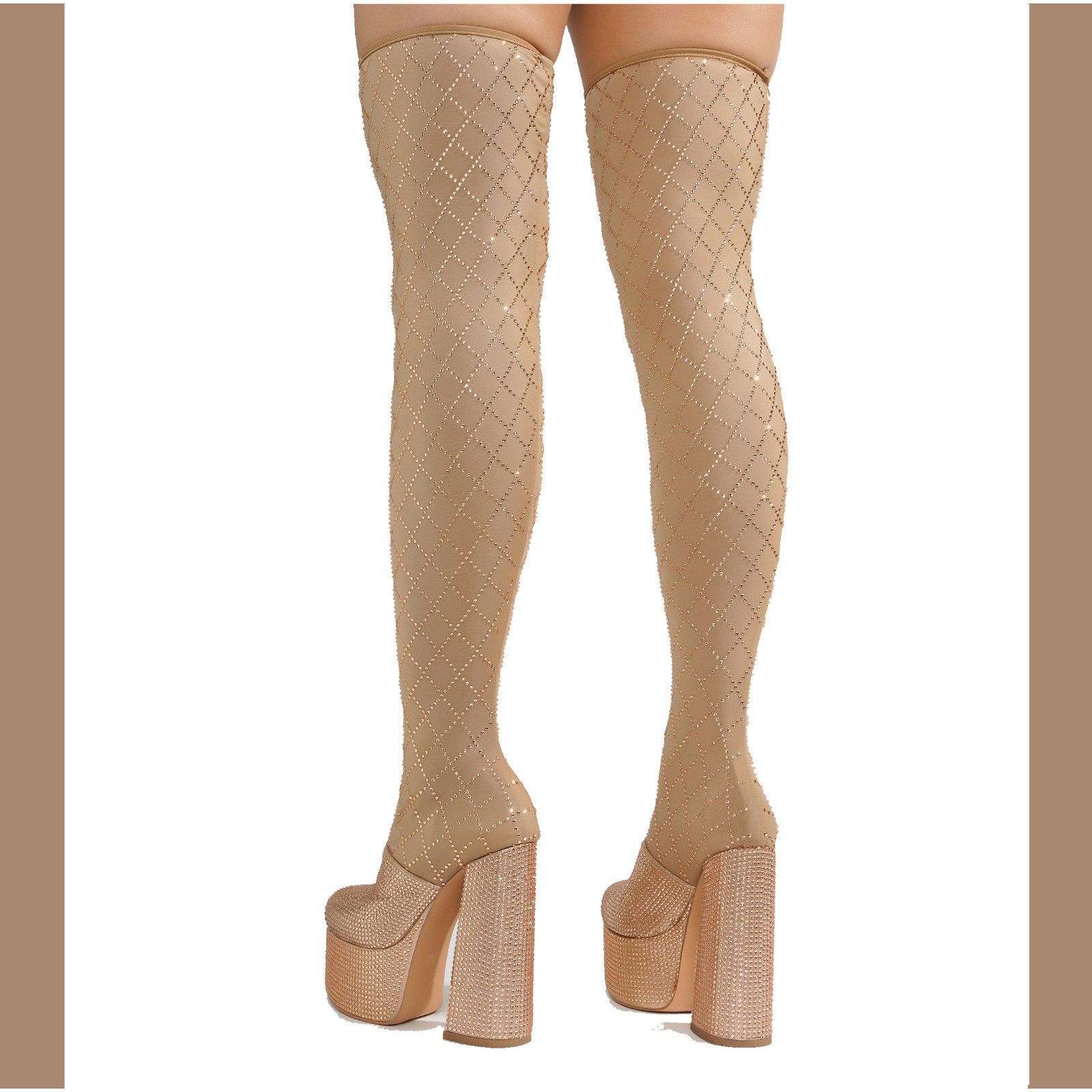 Other Diamonds Rose Gold Rhinestone Stretch Thigh High Chunky Heel Size US 6.5 / IT 36.5 - 2 Thumbnail