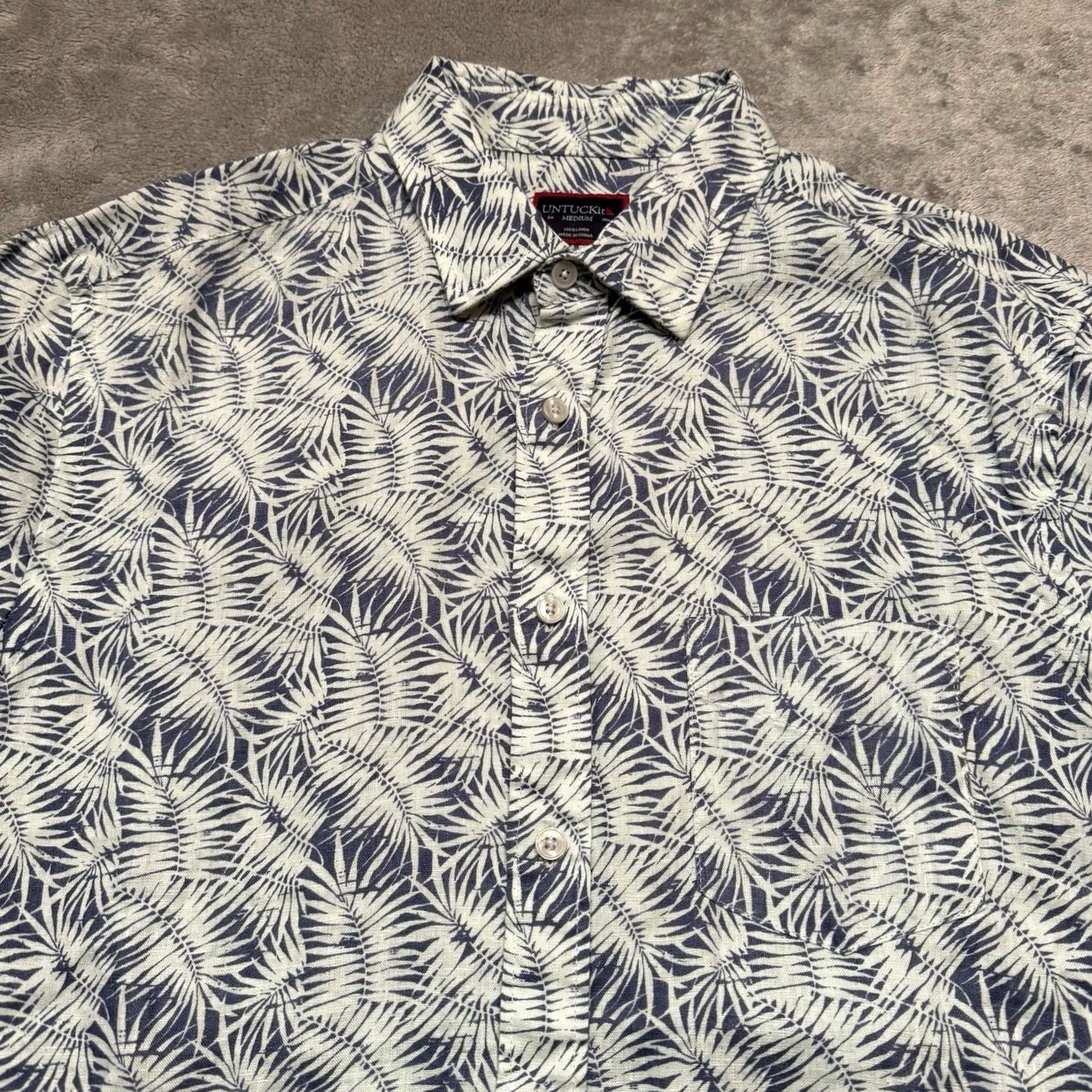 UNTUCKit UNTUCKit Shirt Mens Medium Blue Linen Hawaiian Leaf Print Button Up Casual Size US M / EU 48-50 / 2 - 2 Thumbnail