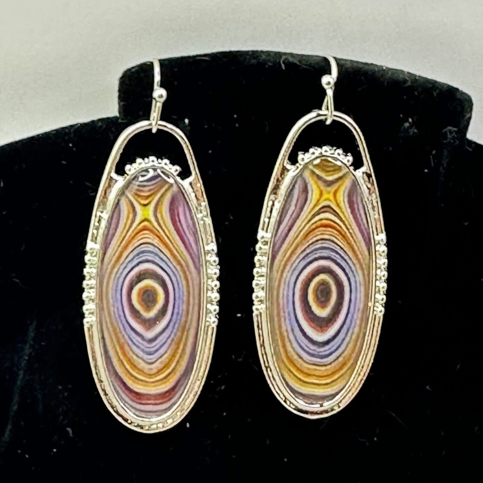 Unknown London New Boho Silver Plated Oval Earrings Faux Tree Rings Hook Size ONE SIZE - 1 Thumbnail