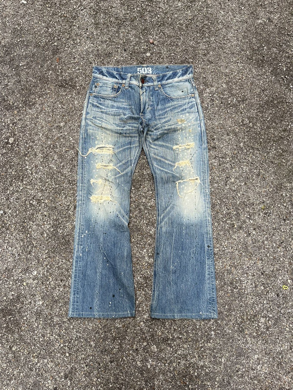 Hysteric Glamour Flare Jeans Vintage Paint Mudwash Distressed Edwin Blue Trip Size US 31 - 1 Thumbnail