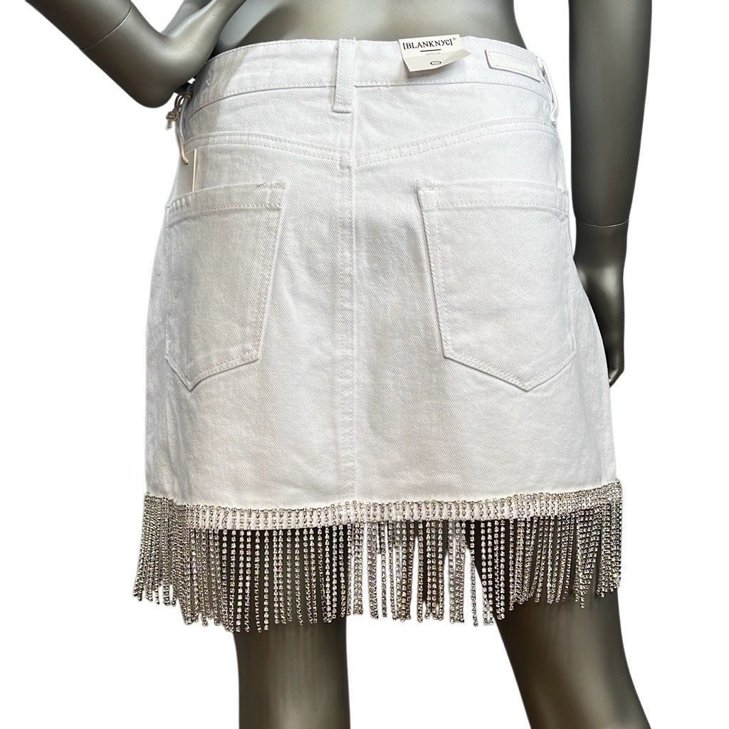 BLANKNYC Blank NYC Rhinestones Fringe Mini White Denim Skirt NWT 26 Size 26" / US 2 / IT 38 - 7 Thumbnail