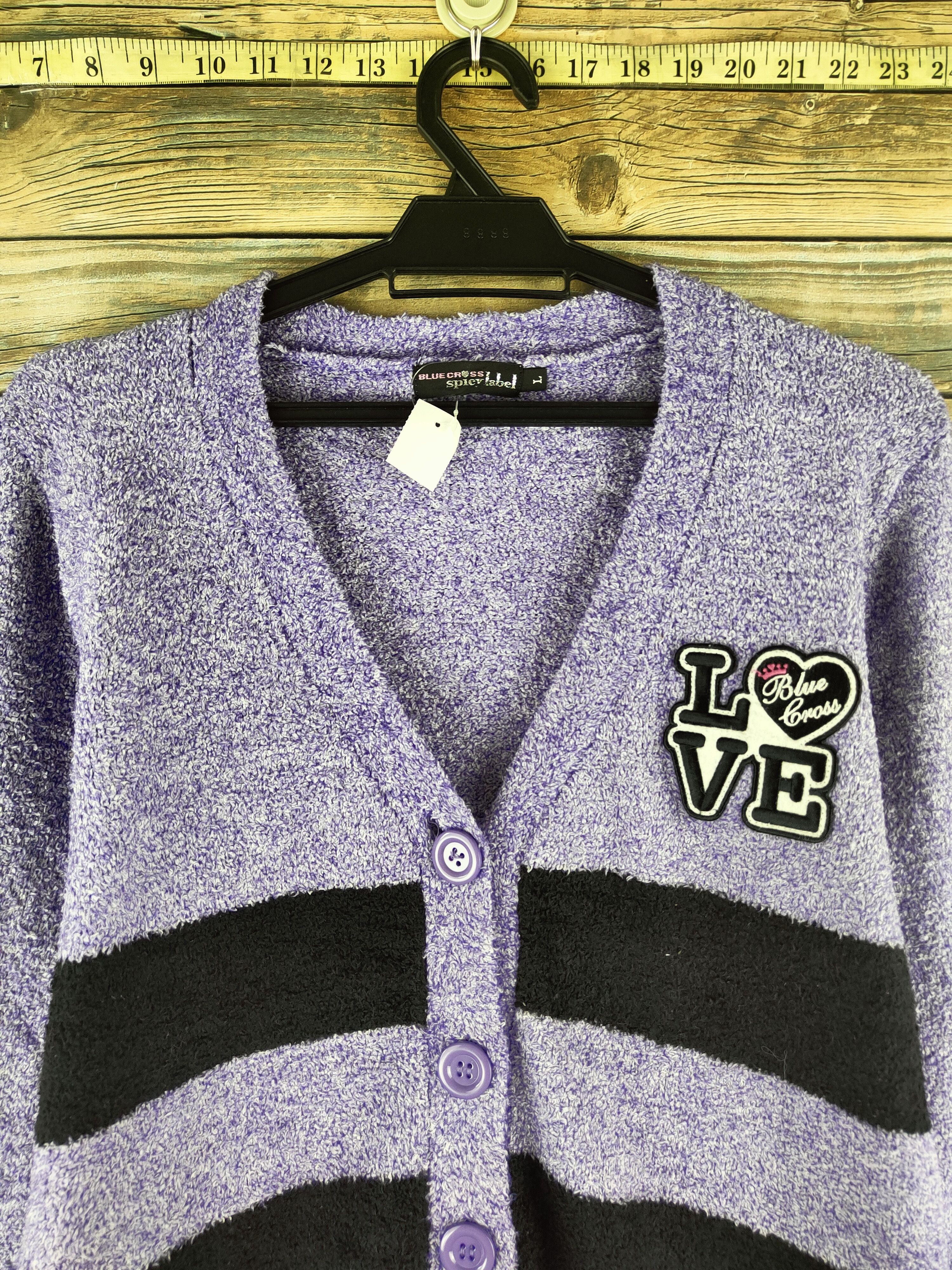 Japanese Brand DL Blue Cross Purple Black Knitwear Cardigan #46-910 Size L / US 10 / IT 46 - 3 Thumbnail