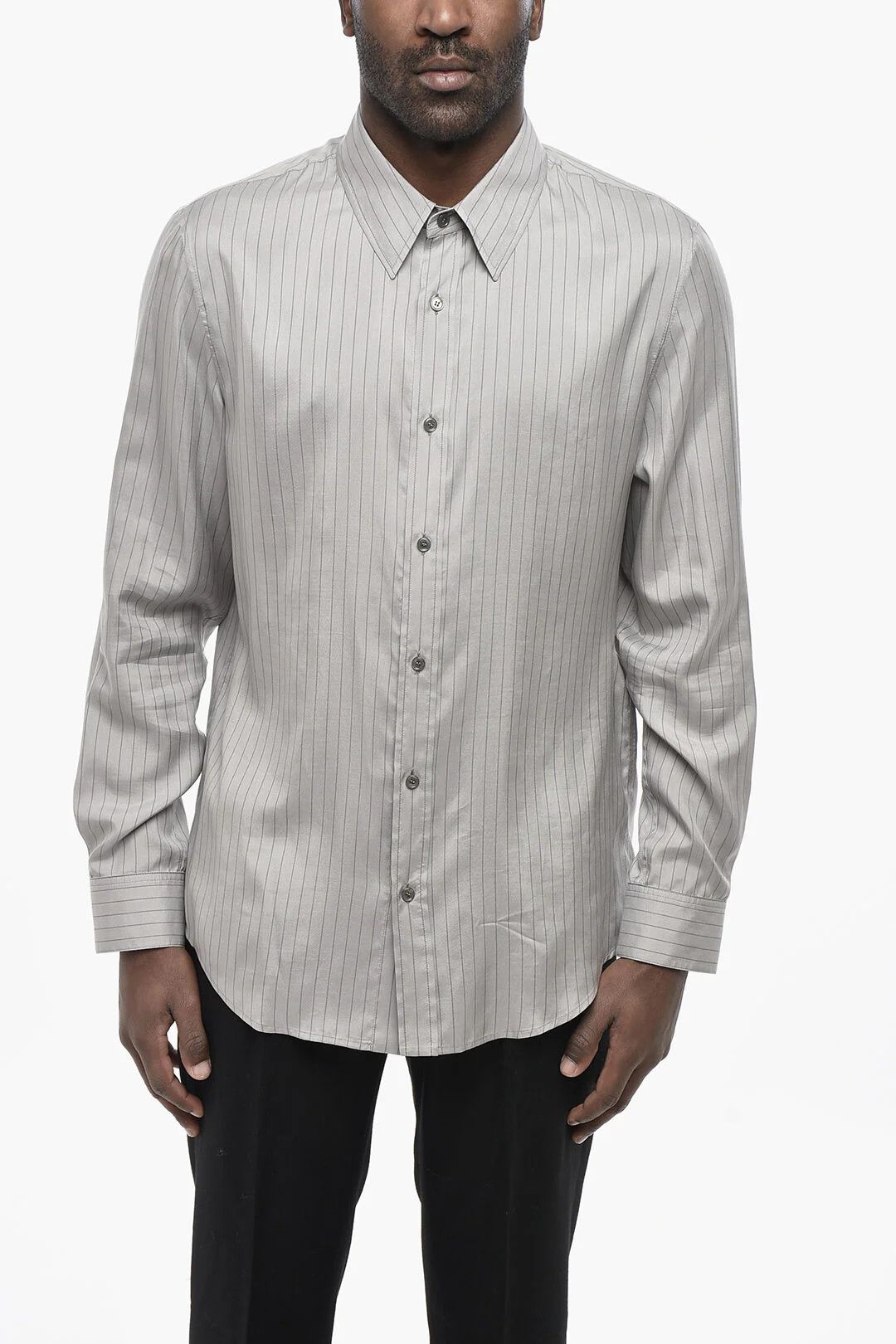 Celine og1mm0426 Striped Silk Shirt in Grey Size US M / EU 48-50 / 2 - 1 Thumbnail