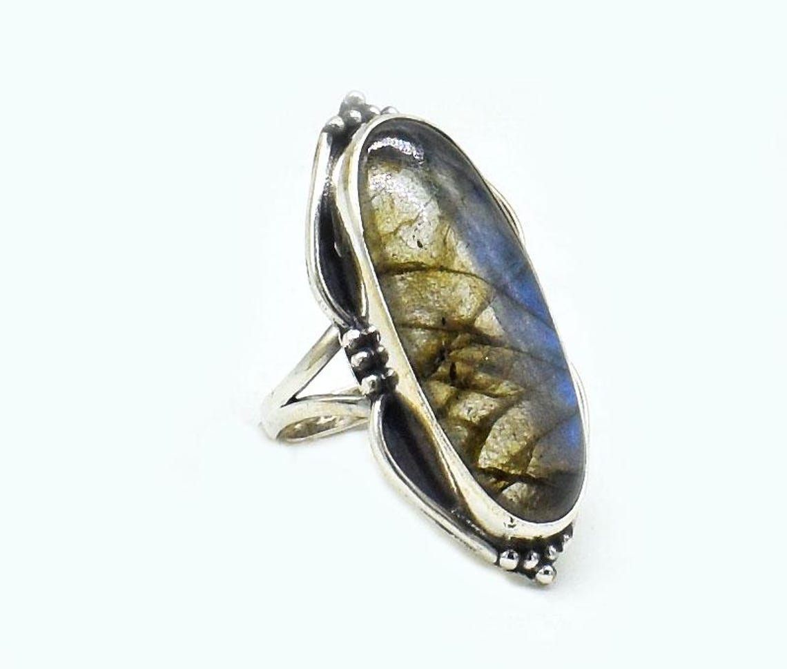 Handmade Labradorite 925 Silver Ring: Oval Gemstone Statement Jewelry Size ONE SIZE - 2 Thumbnail