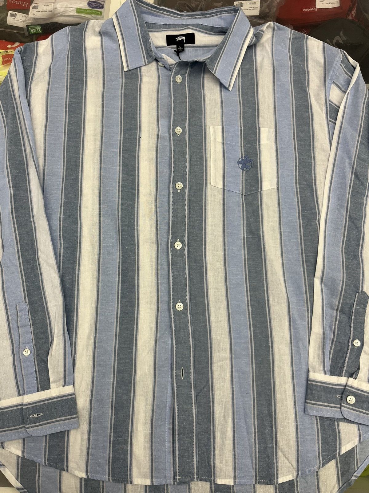 image of Stussy Wide Striped L/s Shirt in Blue, Men's (Size Large)