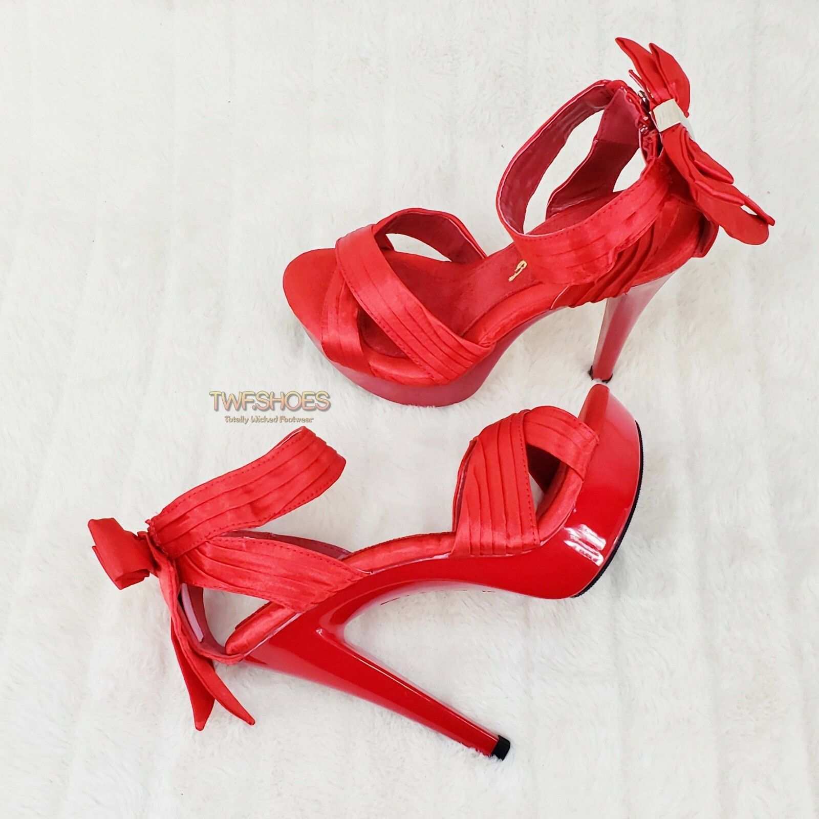 Other Cocktail 568 Red Pleated Satin Back Bow Platform Shoe 5" Hig Size US 8 / IT 38 - 6 Thumbnail