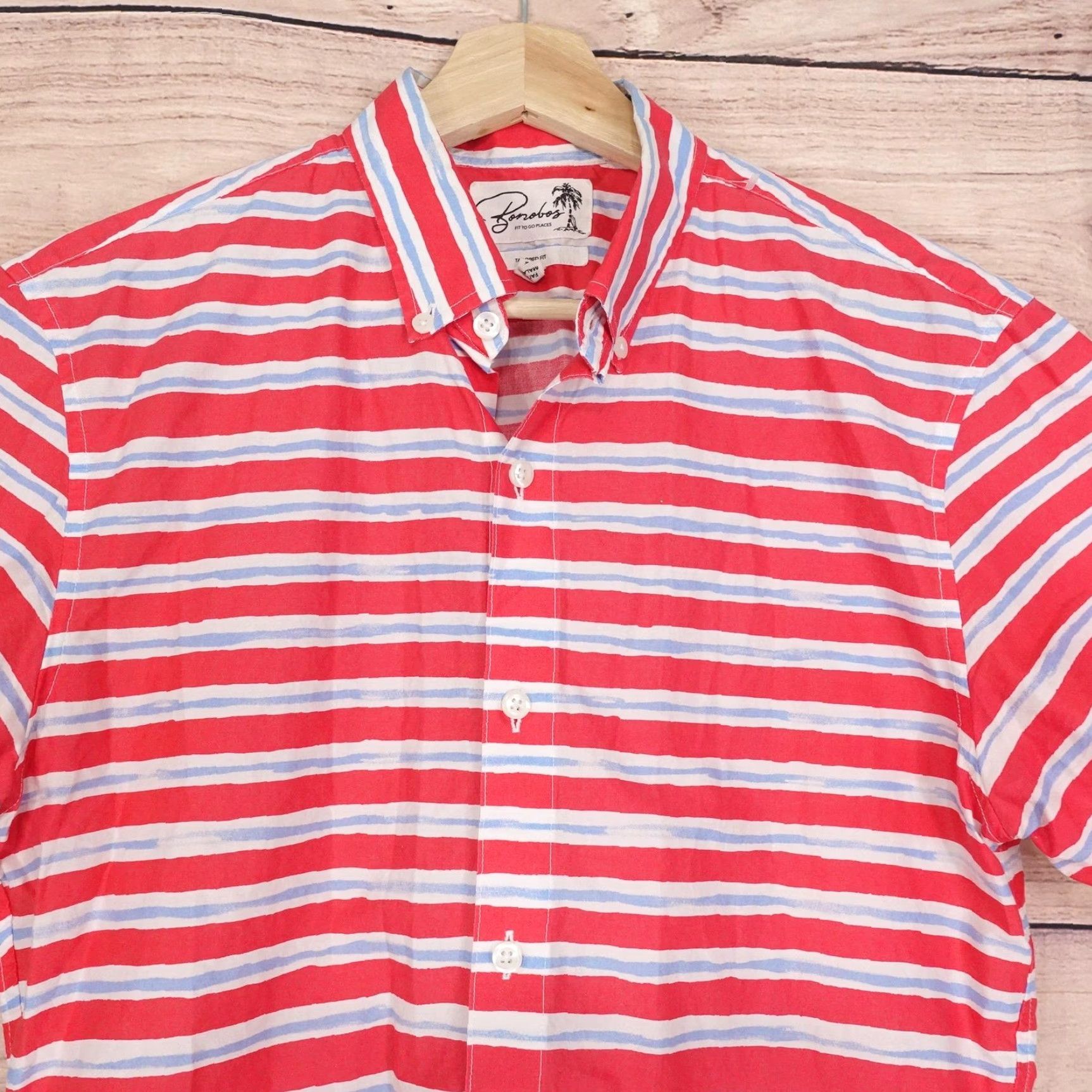 Bonobos BONOBOS Shirt Mens Medium Red White Light Blue Striped Short Sleeve Button-Down Tailored Fit Shirt - 100% Cotton, Slim, Button-Up, Casual Wear Mens Size US M / EU 48-50 / 2 - 2 Thumbnail
