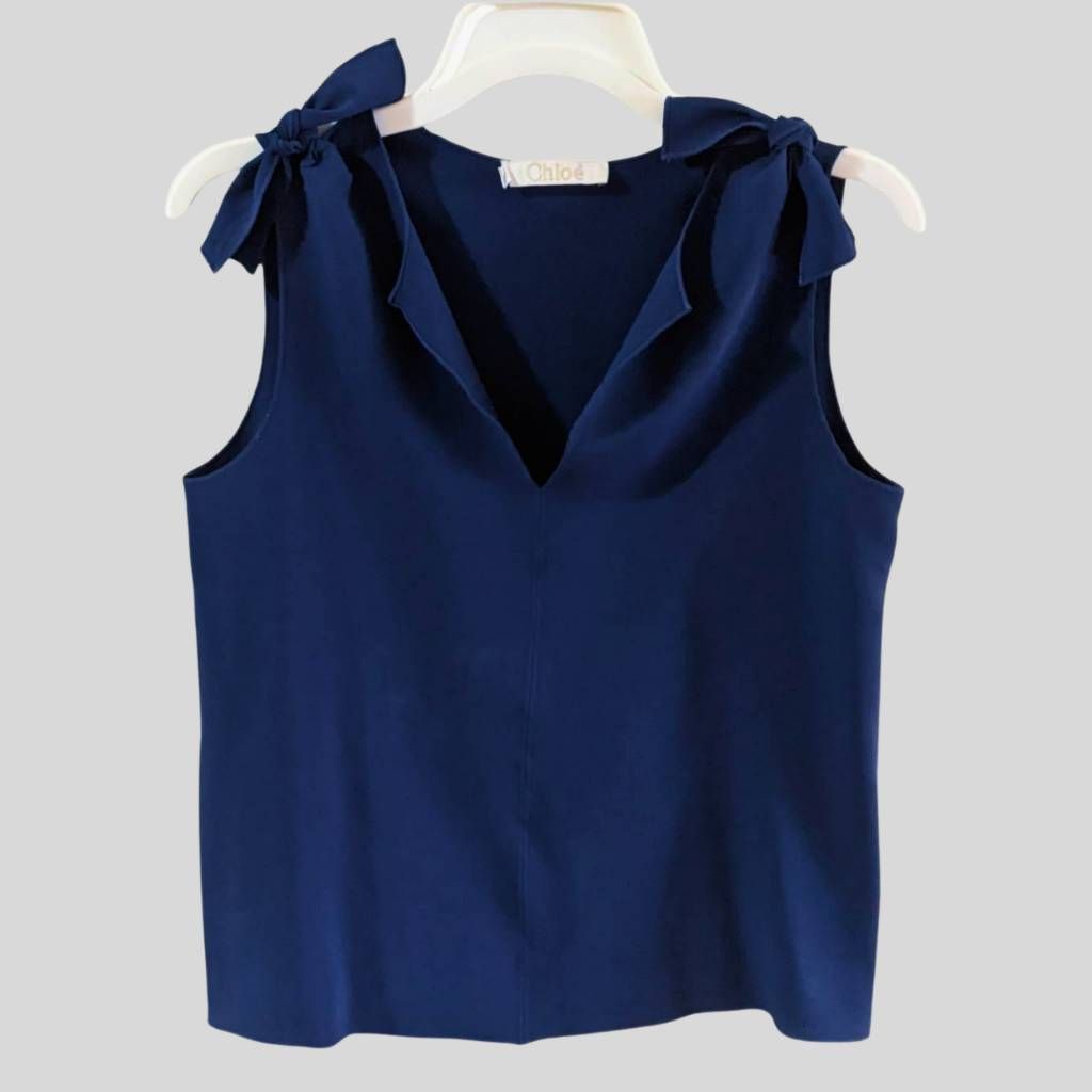 Chloe Chloé Navy Blue Sleeveless Blouse V-Neck Tie Shoulder Elegan Size XS / US 0-2 / IT 36-38 - 1 Thumbnail