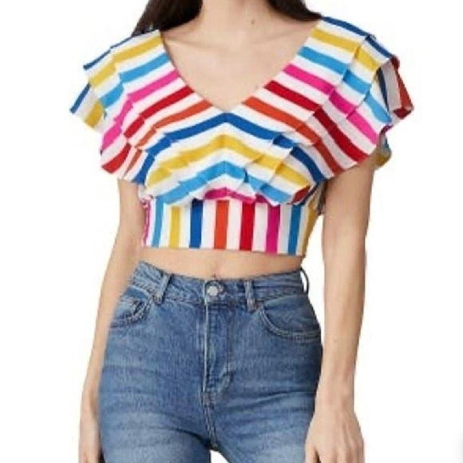 Other Color Me Courtney $130 Striped Ruffle Crop Top Size 0 Size XS / US 0-2 / IT 36-38 - 4 Thumbnail