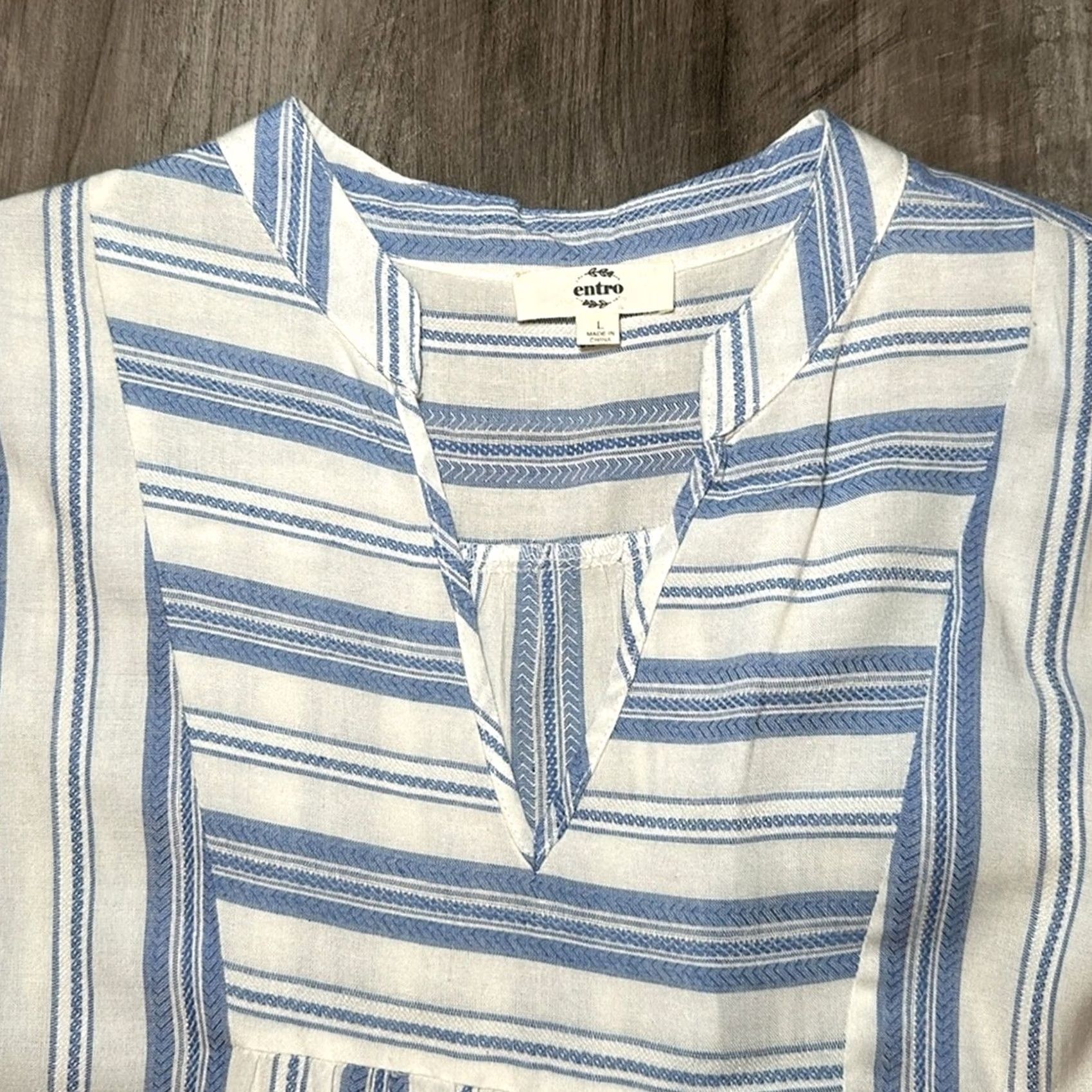 Vintage ENTRO Striped Tiered Flared Long Sleeve V-Cut Dress - Large Blue Women Knee Length Rayon Blend Dress Size L / US 10 / IT 46 - 5 Thumbnail