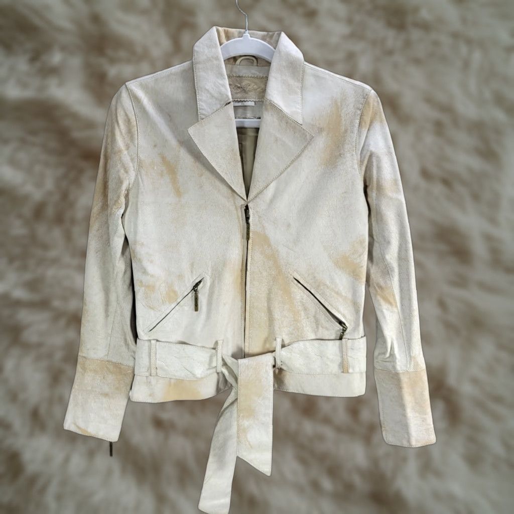 Vintage Indigo Palms Beige Distressed Zip Up Biker Leather Jacket Zipped Cuffs XS Womens Jacket Size XS / US 0-2 / IT 36-38 - 1 Thumbnail