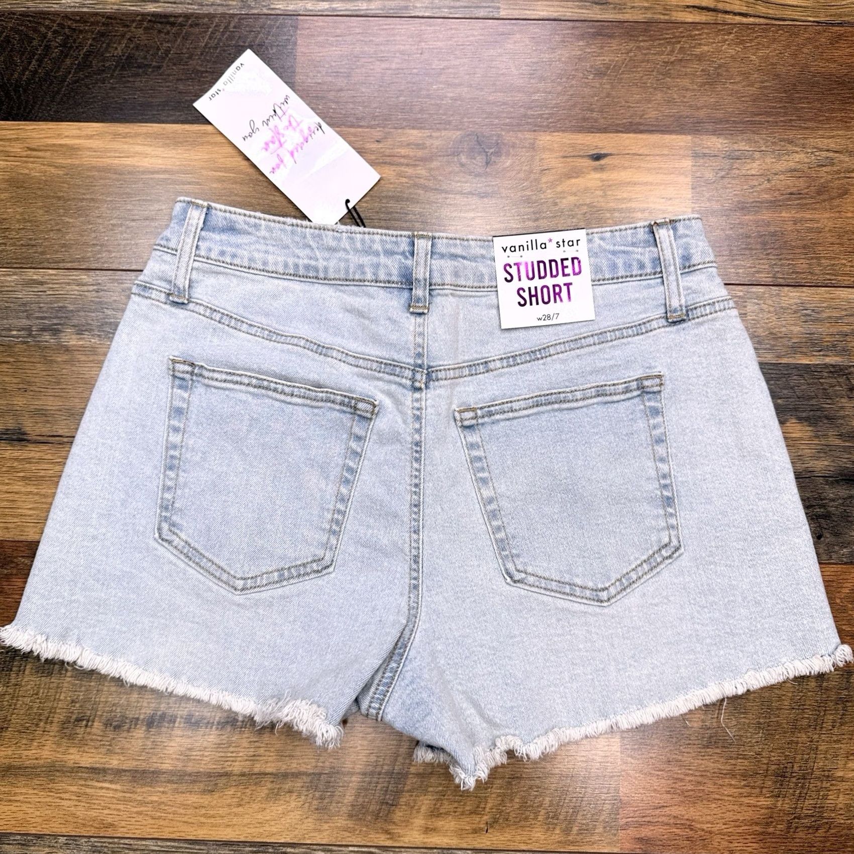 Vintage Vanilla Star Ivory Cut-Off Shorts Womens w28 7 High Rise Stretch Studded 5-Pocket Denim Inseam 2.5 in Size 28" / US 6 / IT 42 - 2 Thumbnail