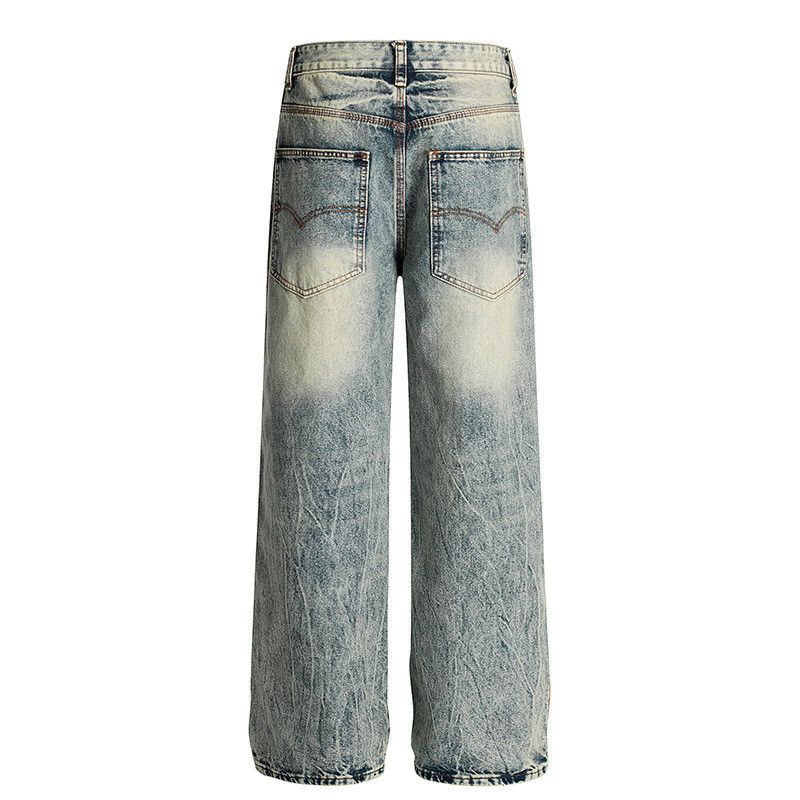 Vintage Retro washed men's loose wide-leg straight distressed jeans Size US 32 / EU 48 - 2 Thumbnail