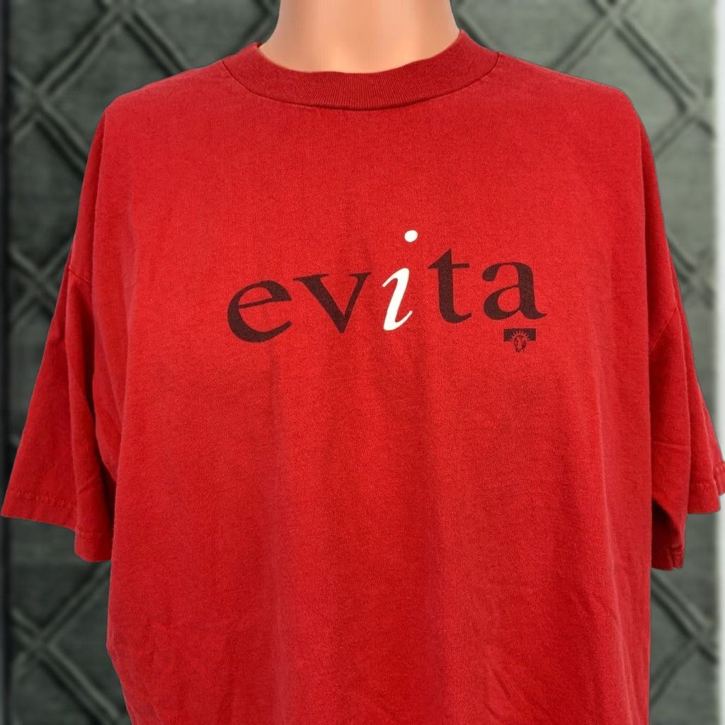 VINTAGE Evita T Shirt Mens XL Red Broadway Musical Promo 90s Miro Graphic Print Crew Neck Short Sleeve
