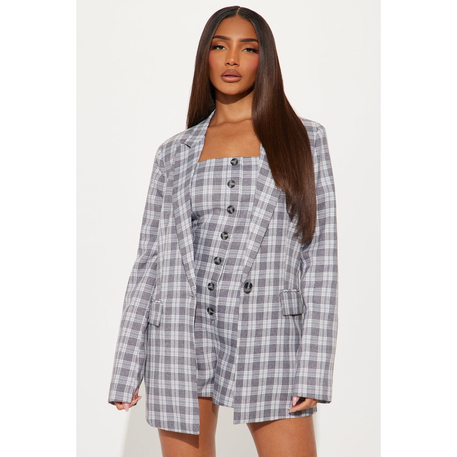 Other Check The Fax Blazer Romper Set - Grey/combo - Size XS Size 25" / US 0 / IT 36 - 3 Thumbnail